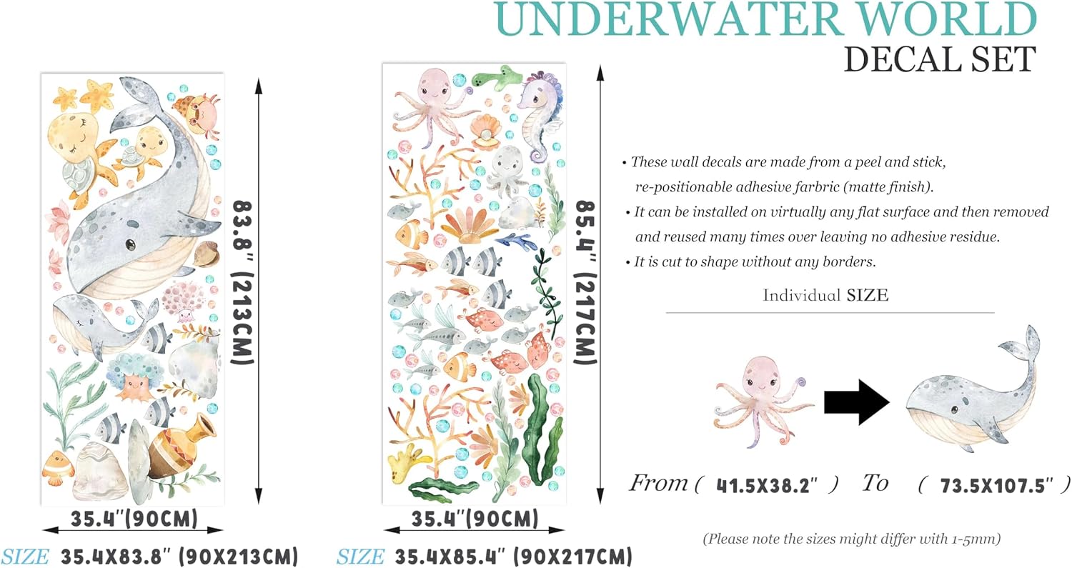Ocean Babies Watercolor Wall Decal - Playful Sea Creatures for Girls' Room and Nursery Décor, Reusable Peel-and-Stick Fabric Sticker (Extra Large)