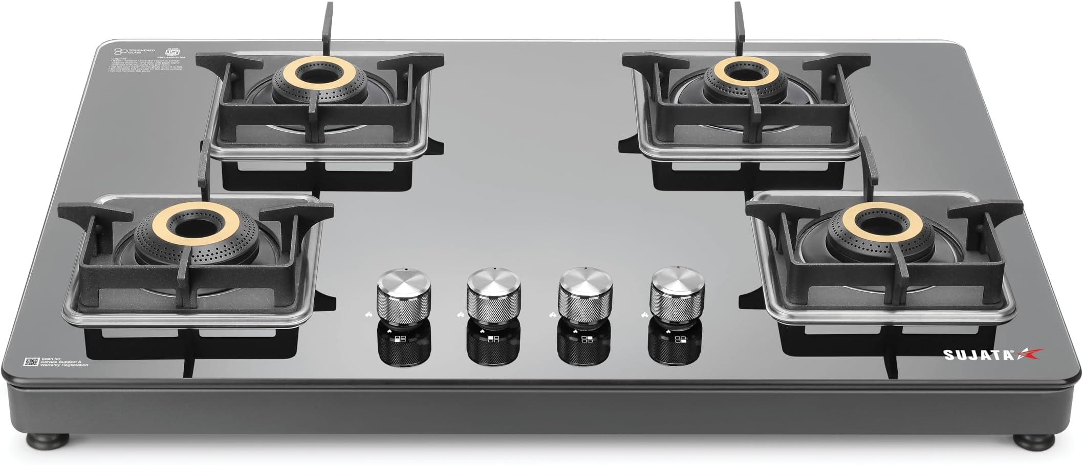 Sujata Premium Gas Stove 4 Burners Glass Top | 9 Years Warranty | Gas Stove with Jumbo Brass Burners | SABAF Technology | ISI Certified | LPG & PNG Compatible | 360° Rotating Brass Nozzle (Black)
