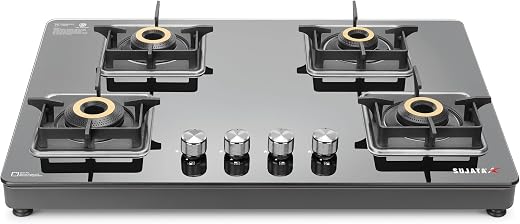 Sujata Premium Gas Stove 4 Burners Glass Top | 9 Years Warranty | Gas Stove with Jumbo Brass Burners | SABAF Technology | 