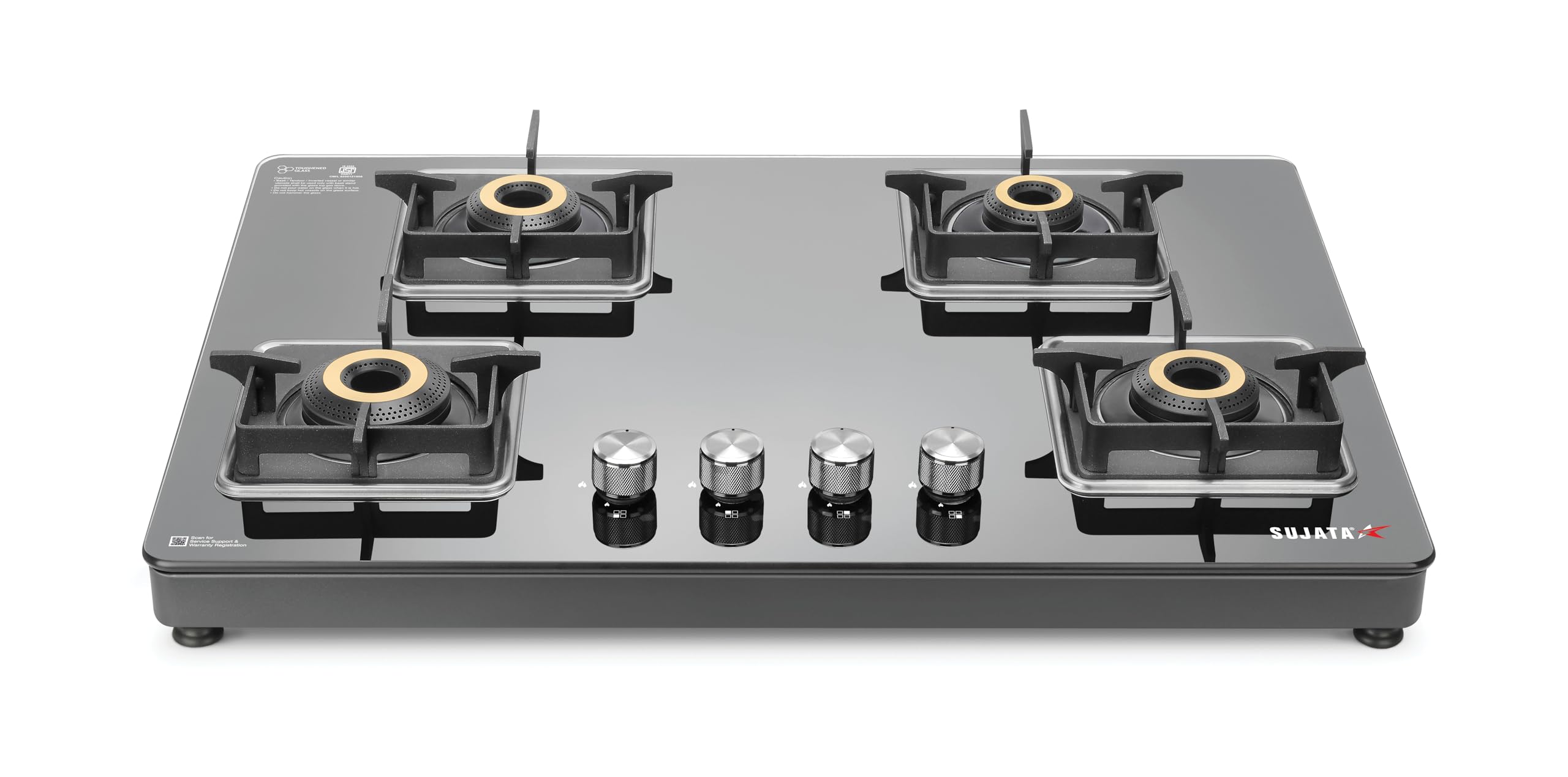 Sujata Gas Stove | 9 Years Warranty | 4 Burner Gas Stove Glass Top, SABAF, ISI Certified, LPG & PNG Compatible, 360° Rotating Brass Gas Nozzle, Jumbo Brass Burner (Premium - Black)