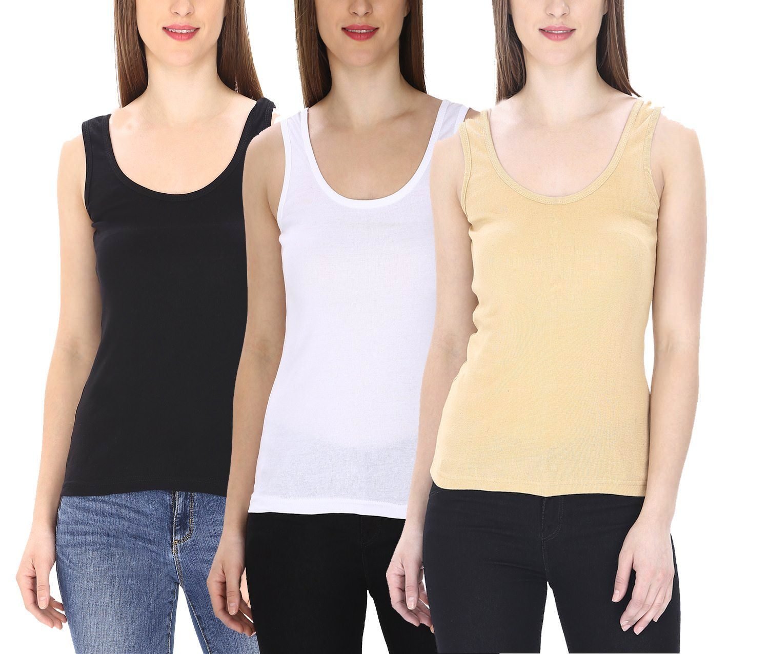 Camisole Hosiery Stretchable Tank Top Camisole with Broad Strap Combo Pack (Black, White and Beige)-image-7