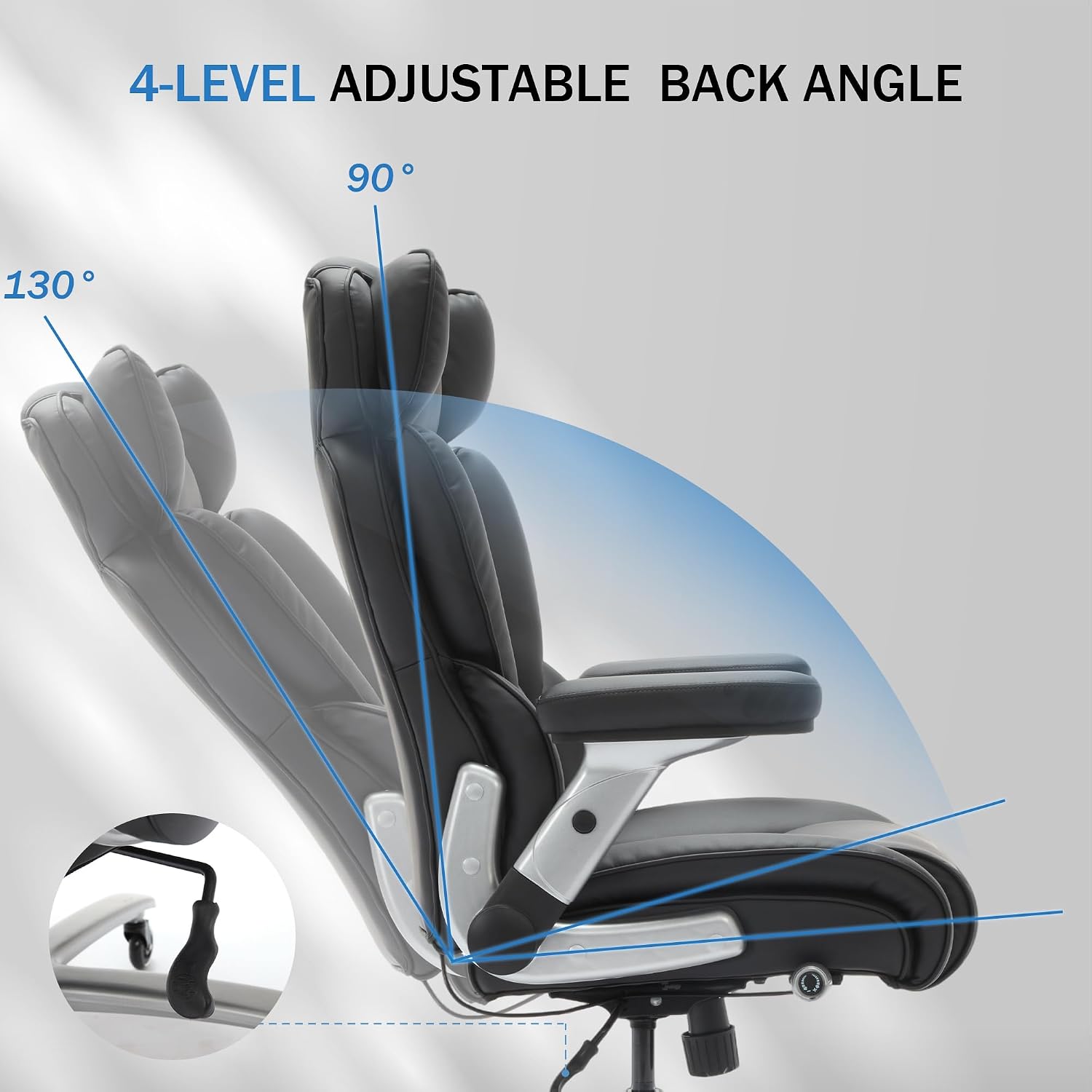 600lbs Big and Tall Office Chair with Adjustable & Flip Arms, Plus Size Office Chair for Heavy People, Inflatable Adjustable Lumbar Support, Ergonomic Breathable Leather Chair, Quiet Rubber, Black