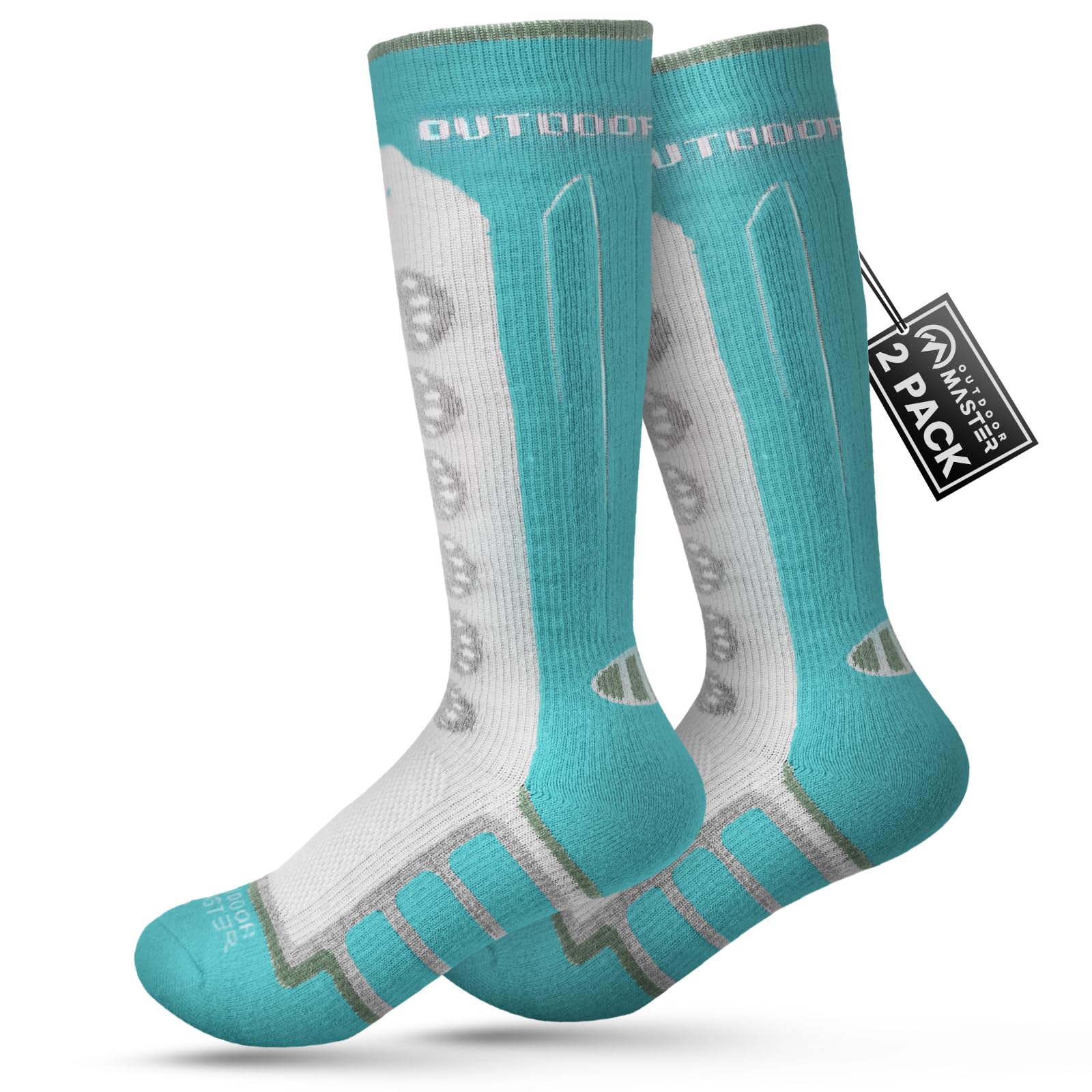 OutdoorMaster Lot de 2/3 chaussettes de ski thermiques à compression en laine mérinos pour garçons et filles, poignets antidérapants sur le mollet