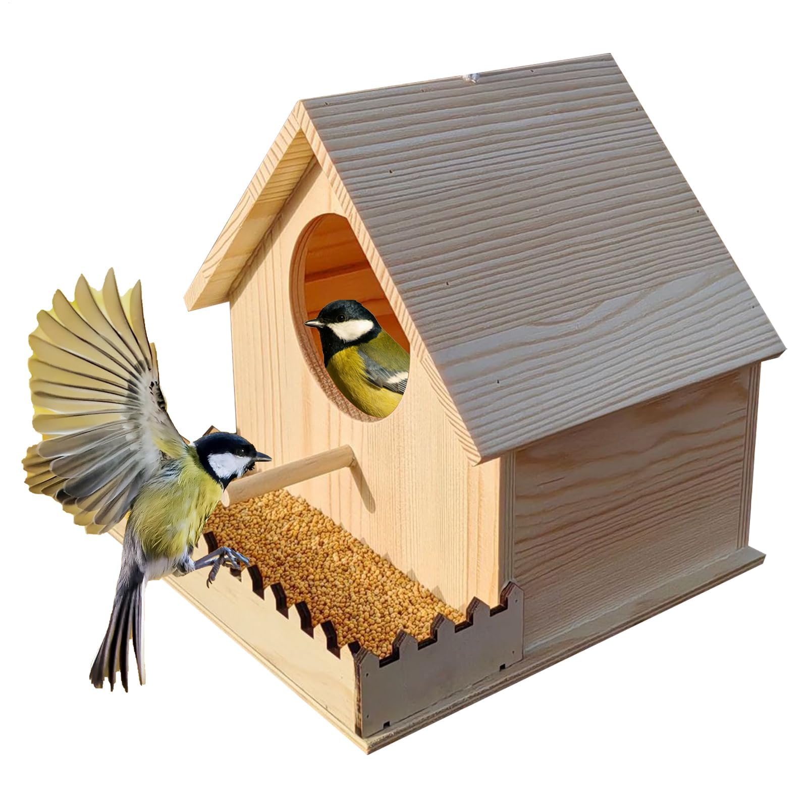 Budka lęgowa Budki do zagnieżdżania Drewniane domki na zewnątrz Wentylowane, ciepłe siedlisko lęgowe z podajnikiem okoni | Wiszący domek dla ptaków Parro