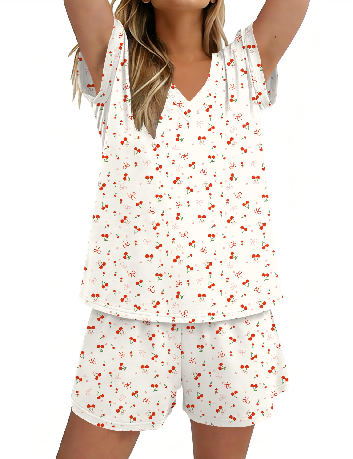 Rapbin Schlafanzug Damen Kurz Pyjama Set Kurzarm Nachtwäsche Loungewear für Frauen Schlafen V Ausschnitt Oberteil und Schlafanzughose Zweiteiliger Hausanzug Casual Elastischer Bund Sleepwear