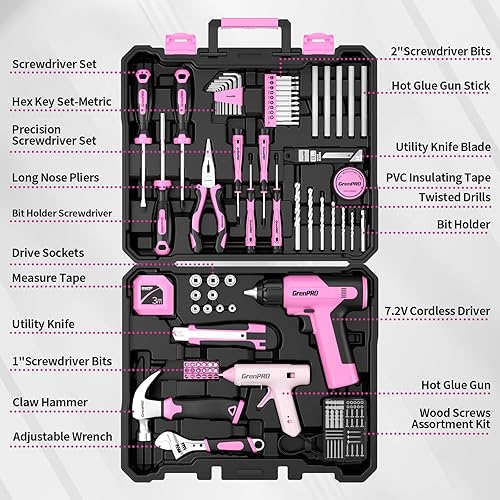Vista 2 de Juego de herramientas rosa, juego de taladro, 188 piezas de kit de herramientas para el hogar con taladro inalámbrico rosa, kit de herramientas