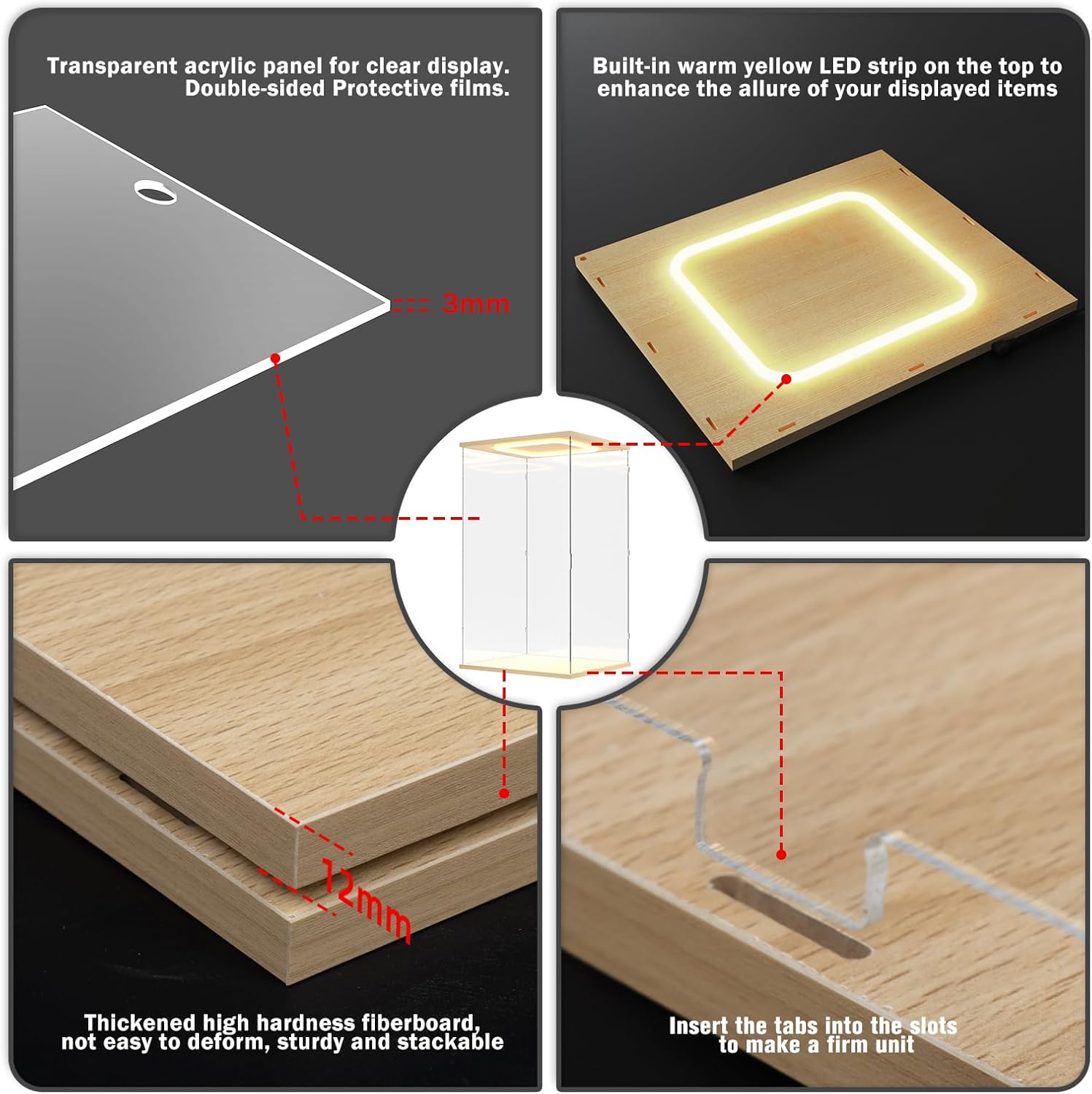 Nynelly Acrylic Display Case for Zimomo Labubu with Light, Clear Display Box for Large Collectibles Doll, Assemble Dustproof LED Showcase Storage Box with Door & Wooden Base, 13.8x11.8x23.6in
