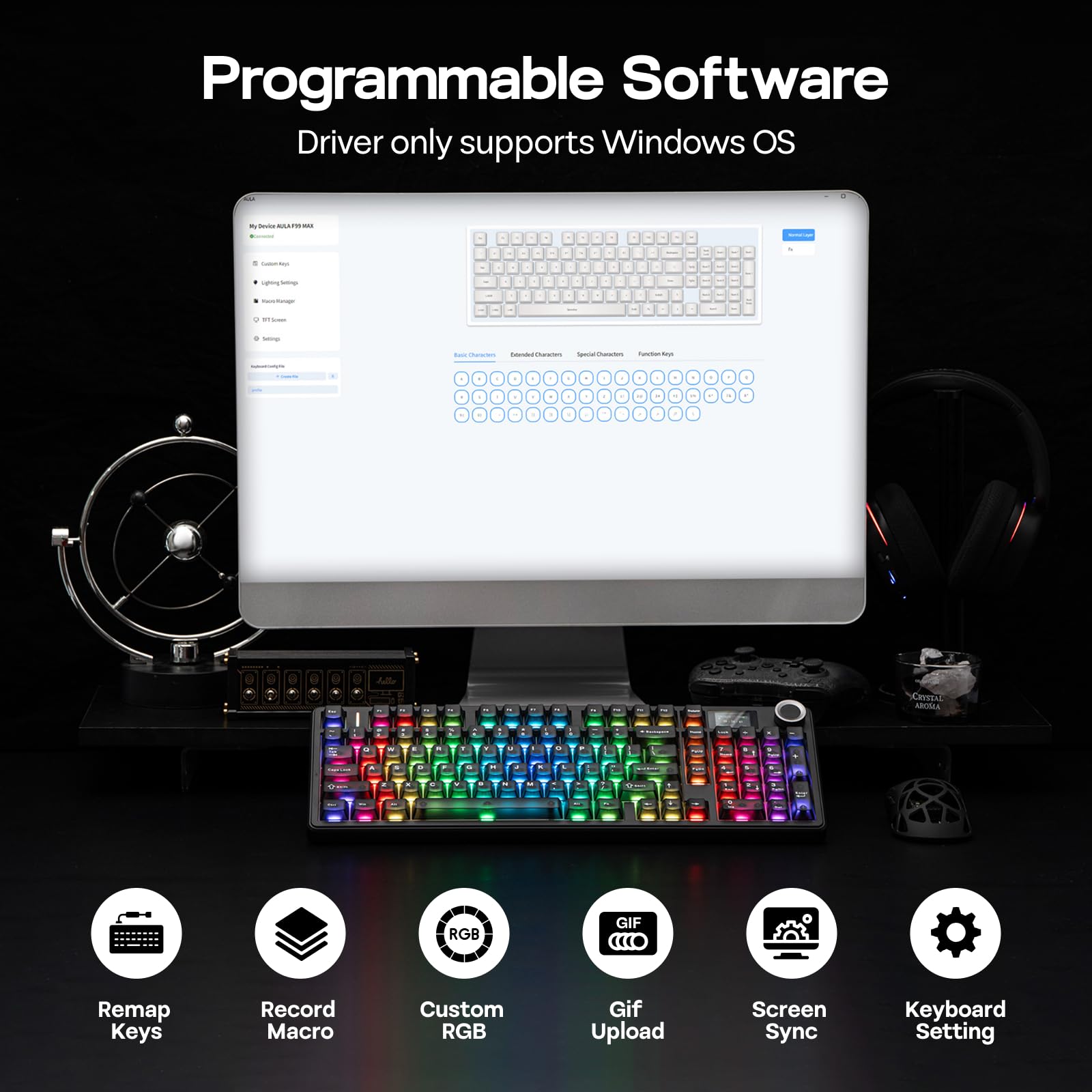 EPOMAKER Aula F99 MAX Teclado Mecánico Inalámbrico, Pantalla&Perilla, 8000mAh, Teclado Cremoso de 2.4Ghz/BT, Switch Prelubricado, Intercambiable en Caliente, RGB, Software Personalizable (Negro Mate)