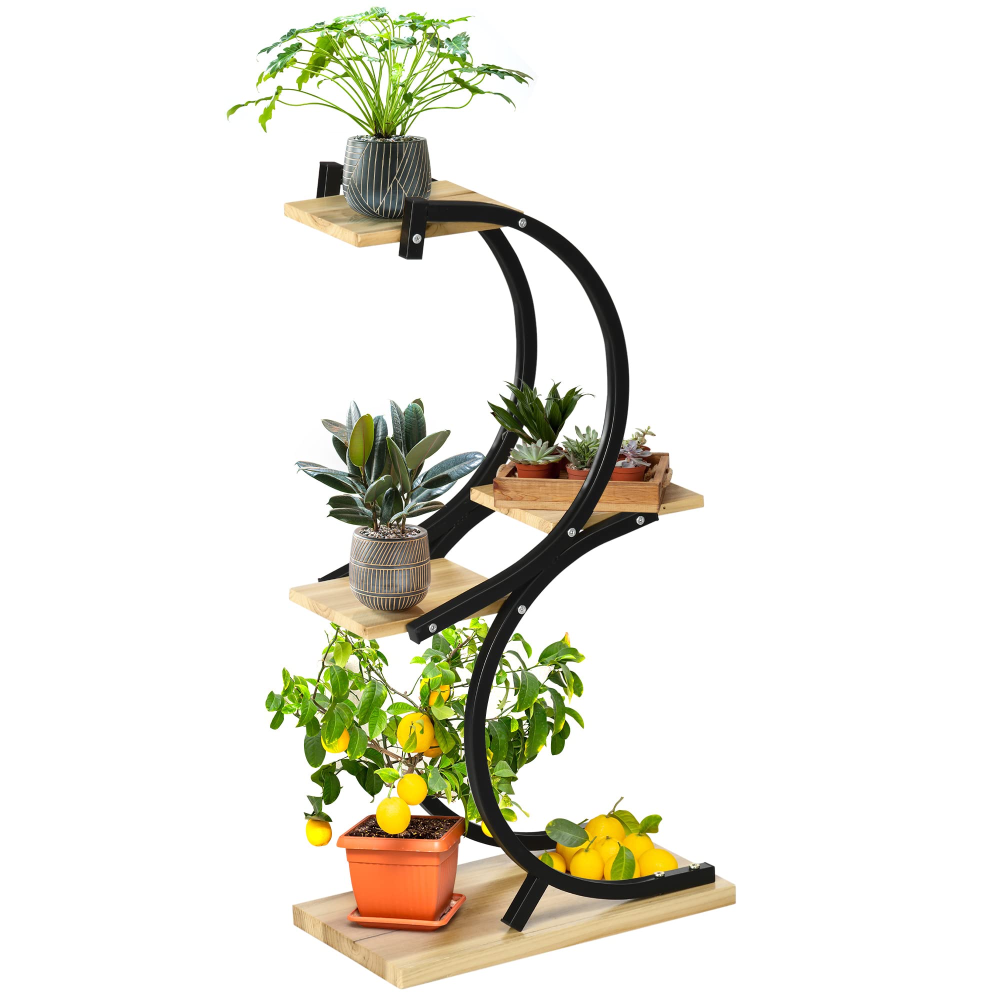 Outsunny 4-Etagen Pflanzenständer S-Förmig Blumenständer 91cm Schwarz | Pflanzenregal aus Metall Holz, Blumenregal, Blumentopfständer, Wohnzimmer, Garten, Balkon