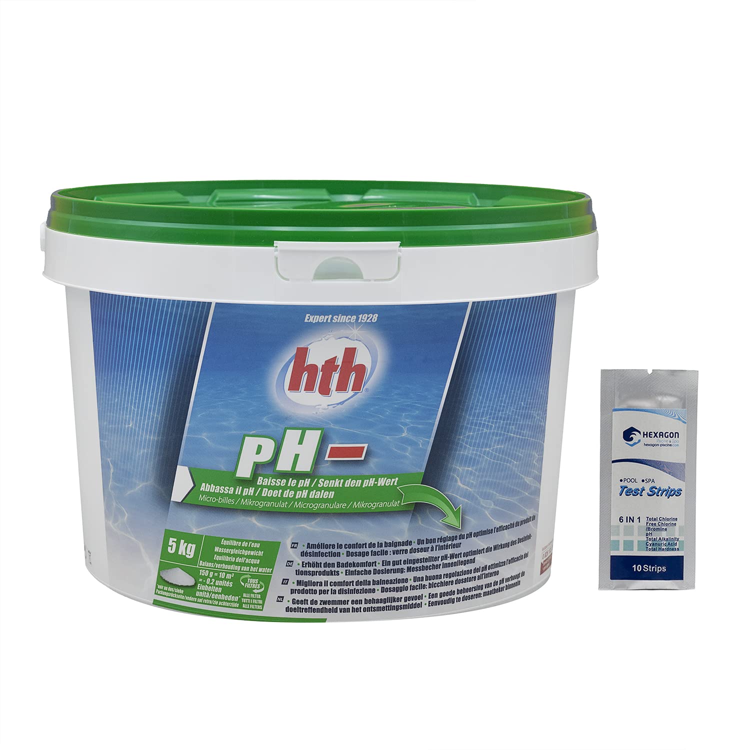HTH pH Moins Micro-Billes - 5kg | Correcteur de pH Solide - Baisse Le pH + 10 Tests HPS OFFERTS 6 en 1