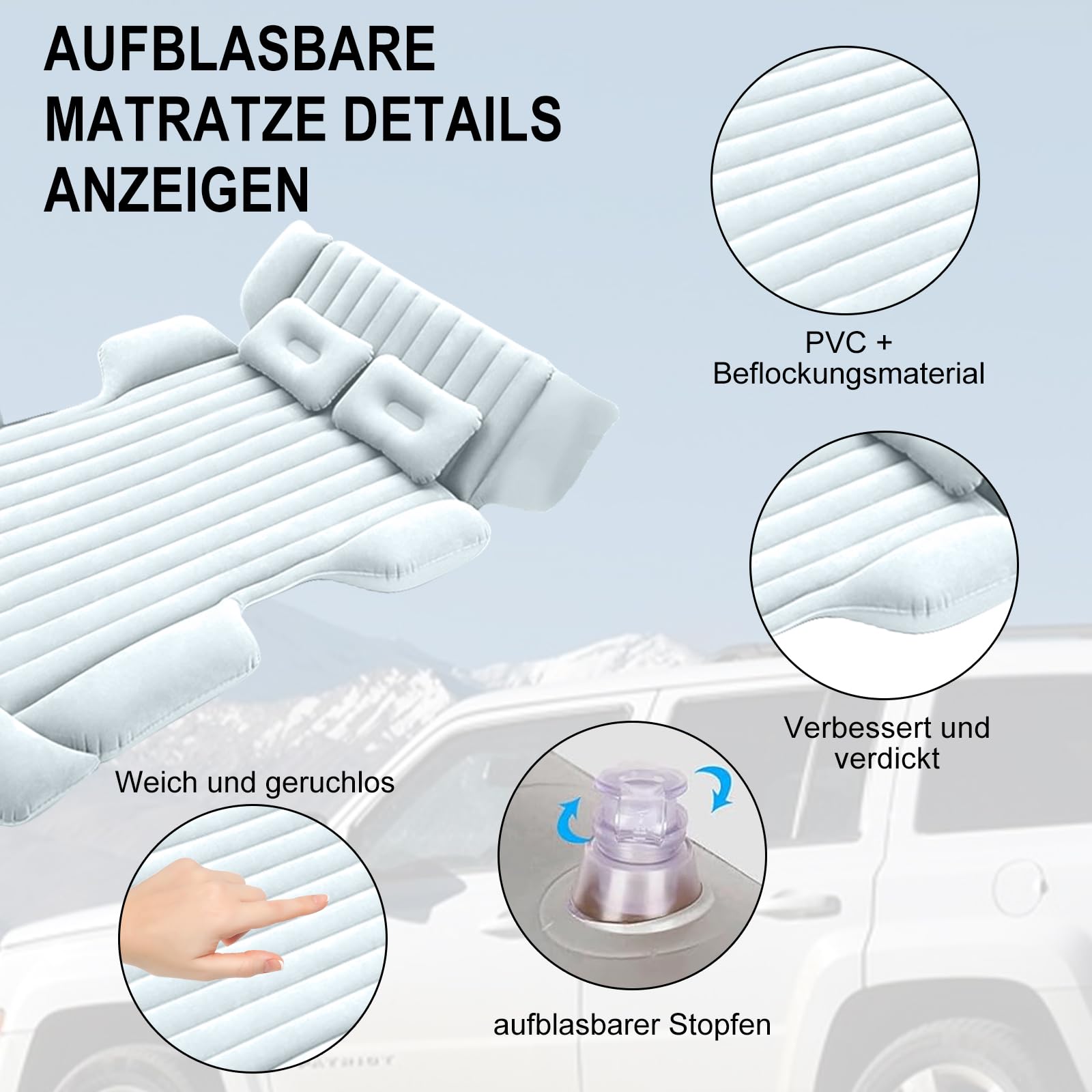 Colchón de aire para coche 184x122x15 cm con dos almohadas autoinflable 2-3 personas