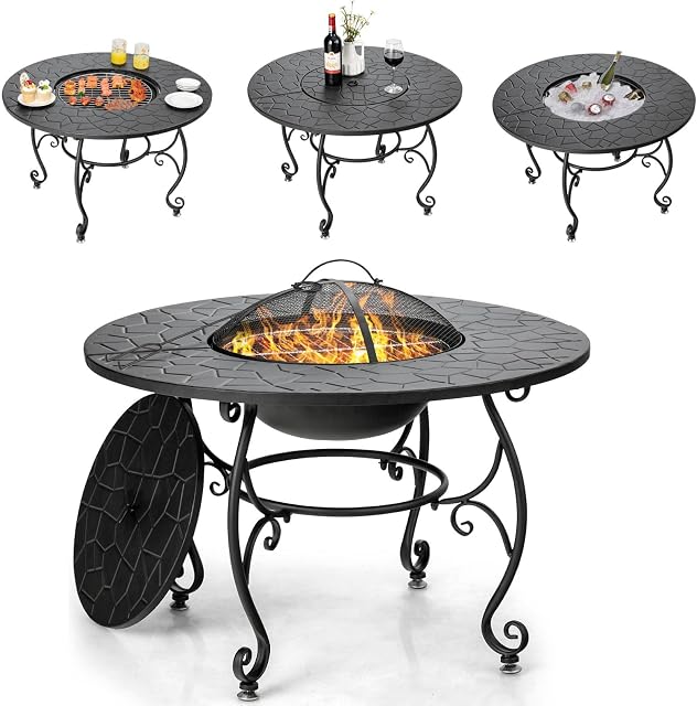 COSTWAY 90cm Dining Table Fire Pit, 4-in-1 Round Wood Burning Fire Bowl with Cooking Grill, Wood Grate, Spark Screen Cover, Lid and Poker, Garden Patio Heater/BBQ/Ice Pit (Black)