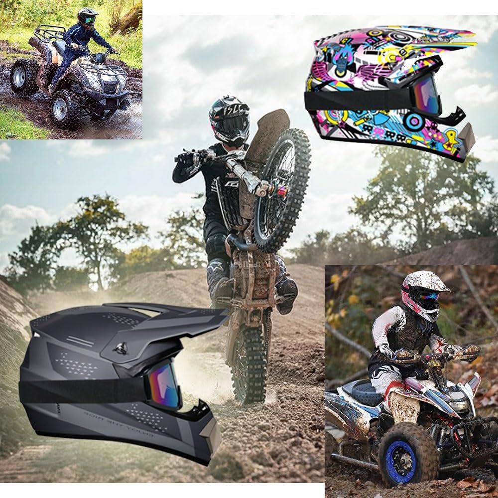 Casco de Motocross Juvenil con Gafas, Guantes Y MáScara para NiñOs de 5 A 14 AñOs, Casco ATV para NiñOs Y NiñAs, BMX, Descenso, Bicicleta de MontañA, Cuatriciclo, Homologado por El Dot