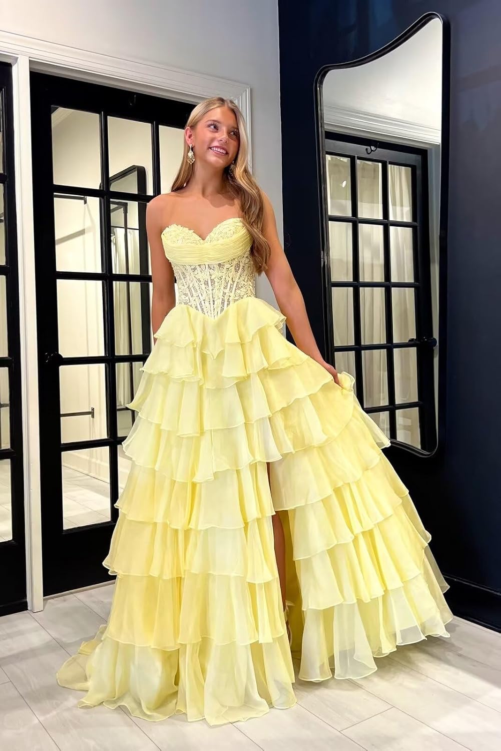 Lace Corset Tiered Prom Dress 2026 Long Strapless Ruffle Chiffon Formal Evening Gown with Slit