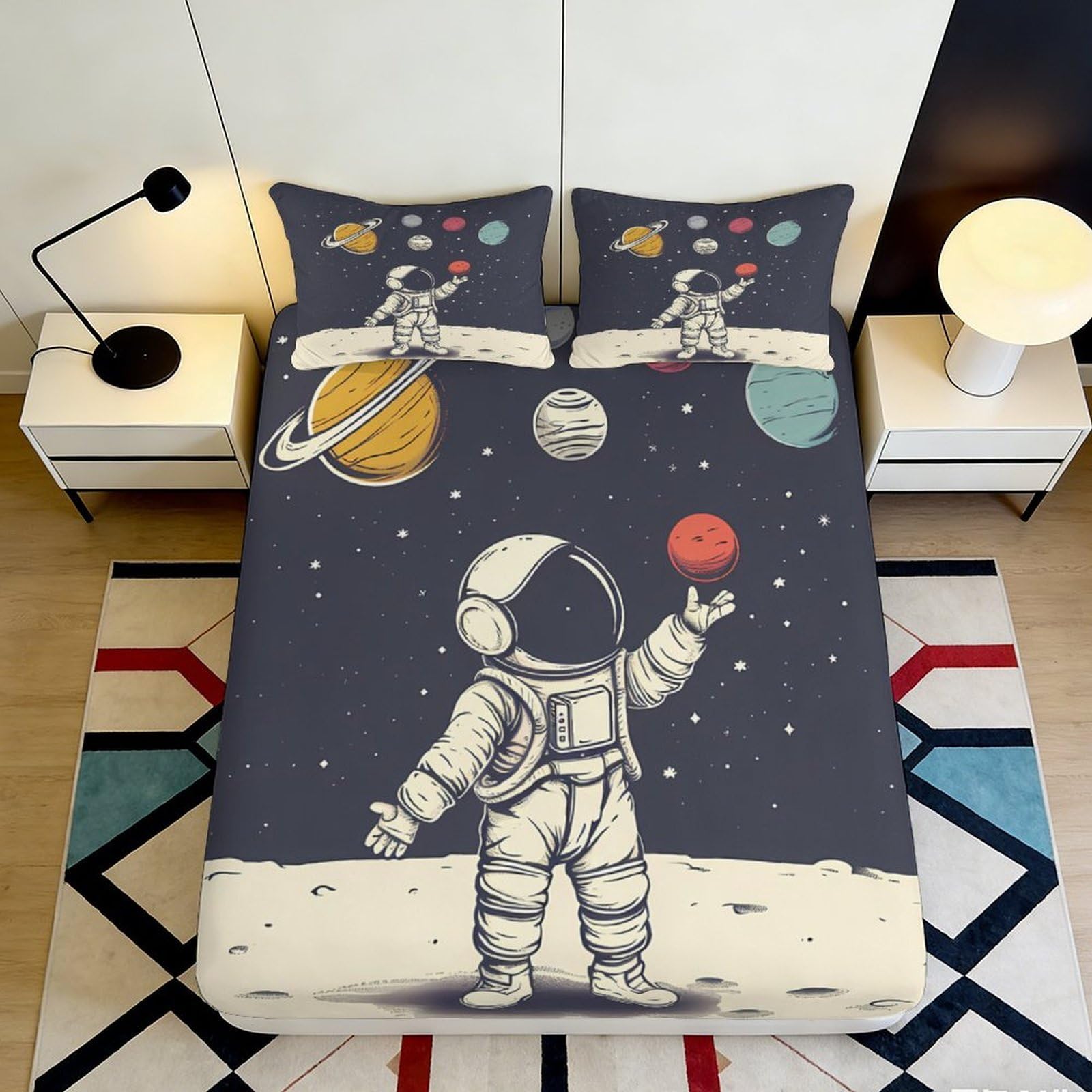 3D Printed Astronaut Planet Fitted Sheet Microfiber Dark Space Bed Cover for Bedroom Dorm Mattress Protection Decor 180x200x25cm