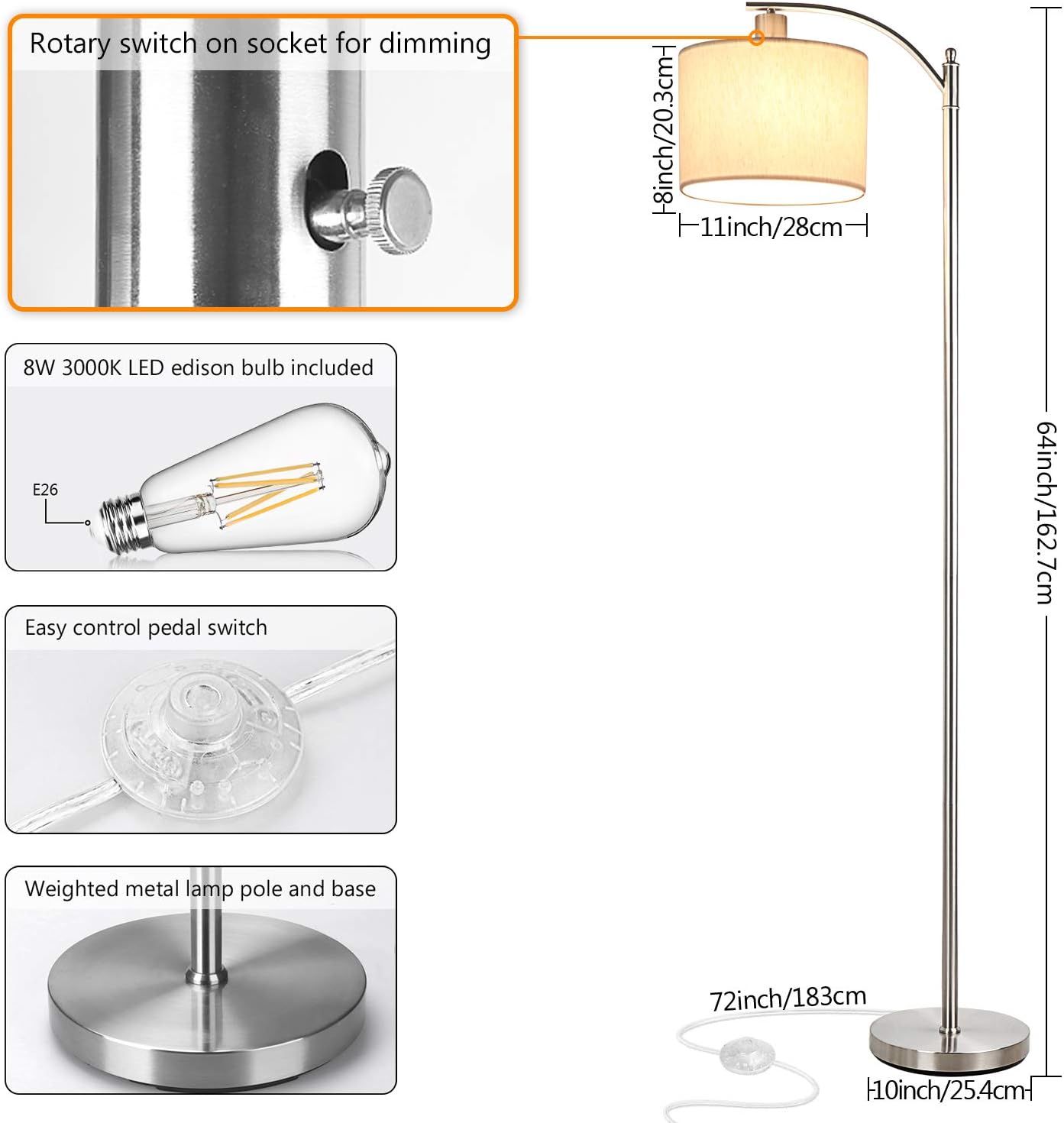 Blасk Frіdау 🔥 LED Floor Lamp with Dimmer, Fully Dimmable Standing Lamp Modern Tall Pole Lamp with Hanging Fabric Shade and Silver Base Montage Reading Light for Living Room Bedroom, Bright 8W LED Bulb Included