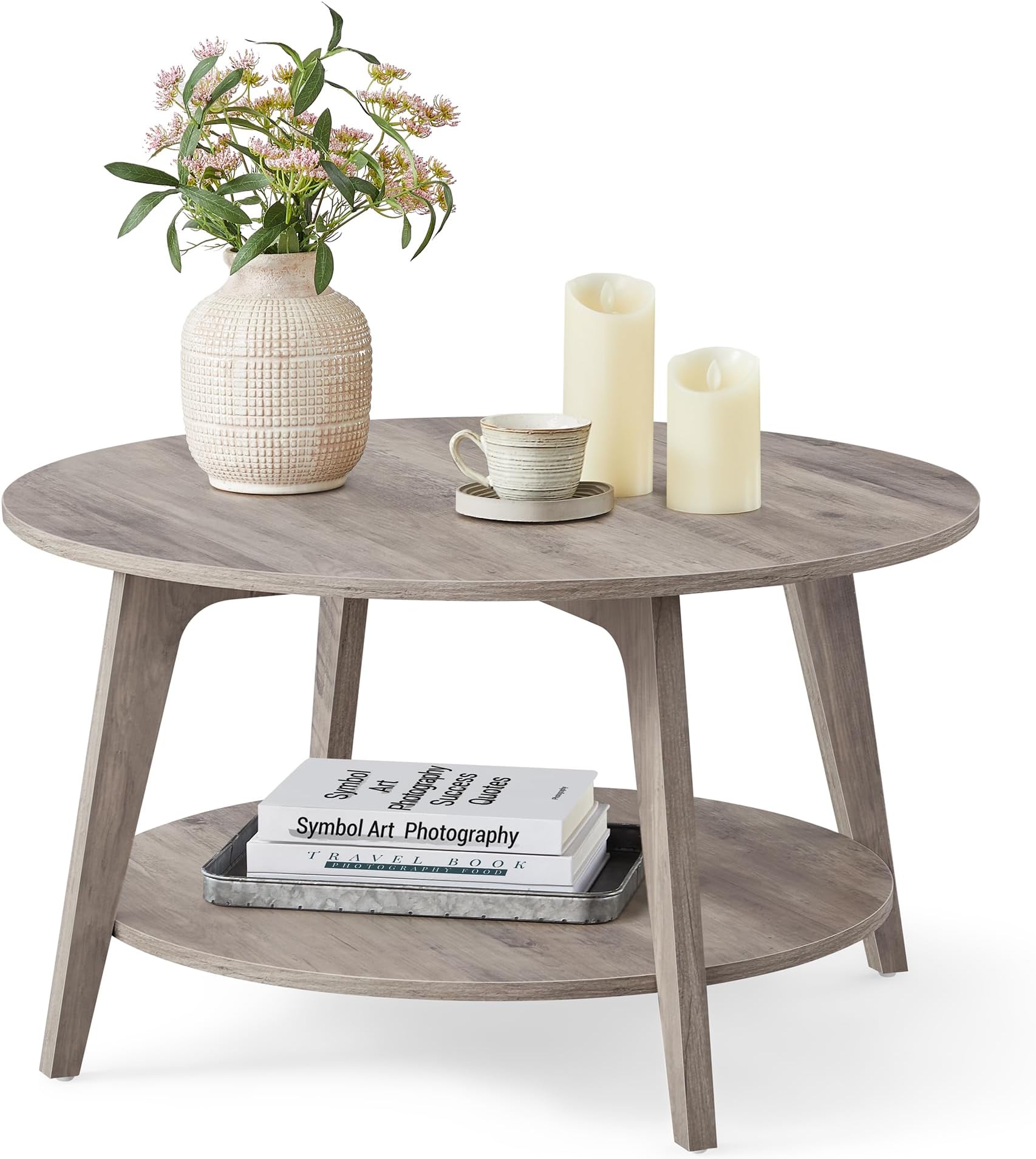 VASAGLE Round Coffee Table, 2 Tier Coffee Table with Storage, for Living Room, 31.5 x 17.7 Inches, Easy to Assemble, Heather Greige ULCT243K02