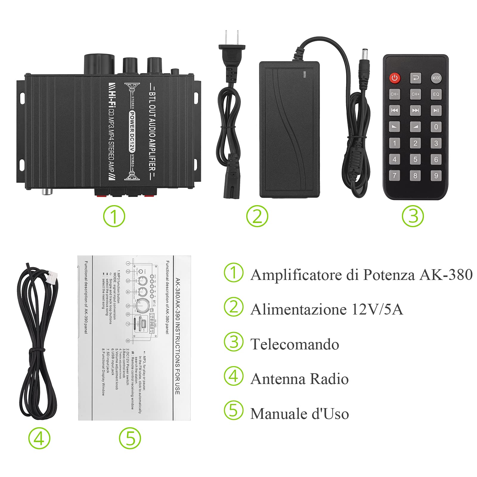 LiNKFOR Amplificatore Bluetooth 5.0 con Display LCD Amplificatore Potenza 2.0 Canali 40W+40W con Alimentatore 12V/5A Supporta Disco U Wireless BT Controlli Bassi/Alti AMP Audio per Auto Casa Garage