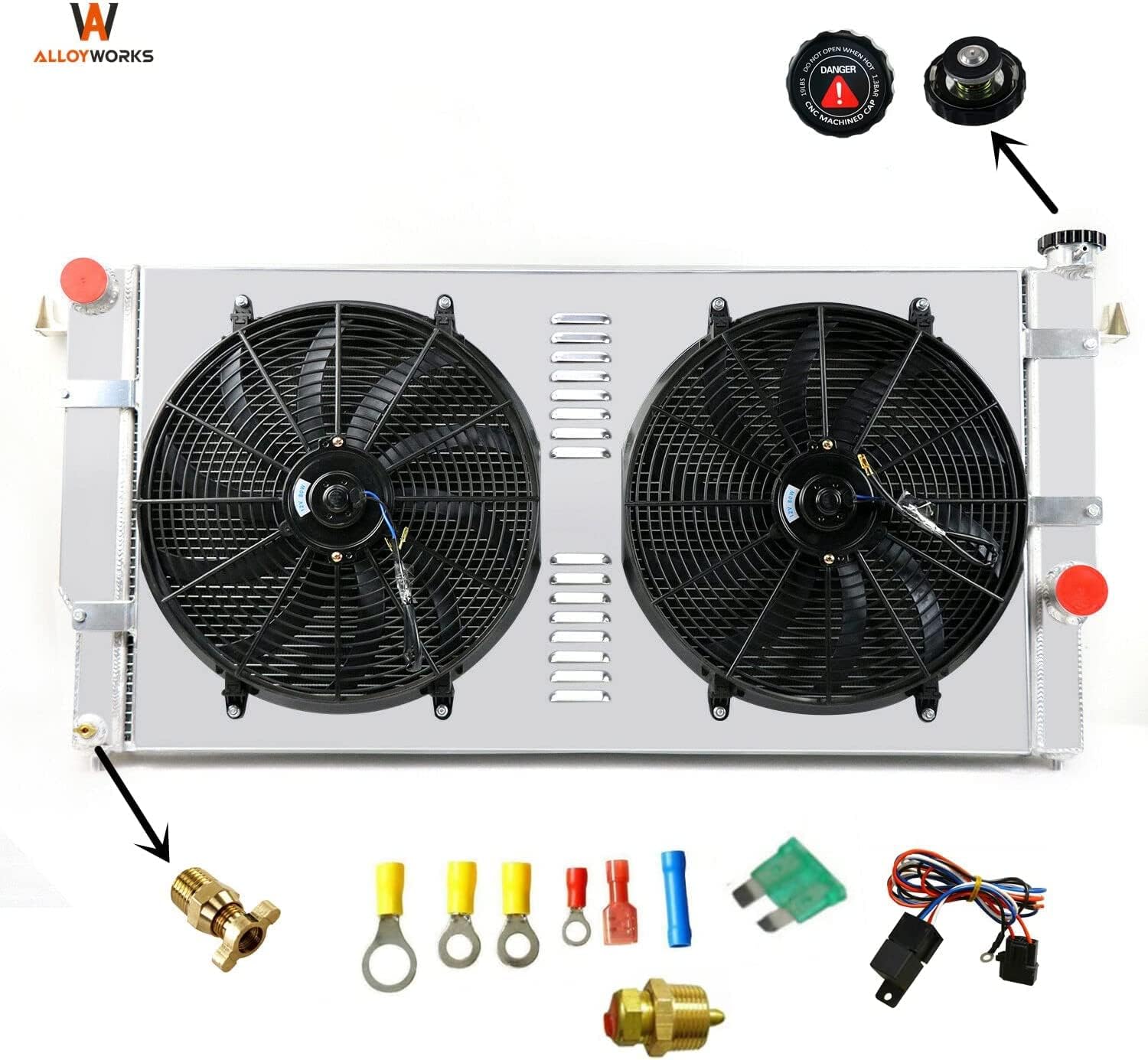 ALLOYWORKS 4 Rows Core Aluminum Radiator Shroud Fan Fits For 1994-2002 Dodge Ram 2500 3500 5.9 6.7L Diesel Cummins