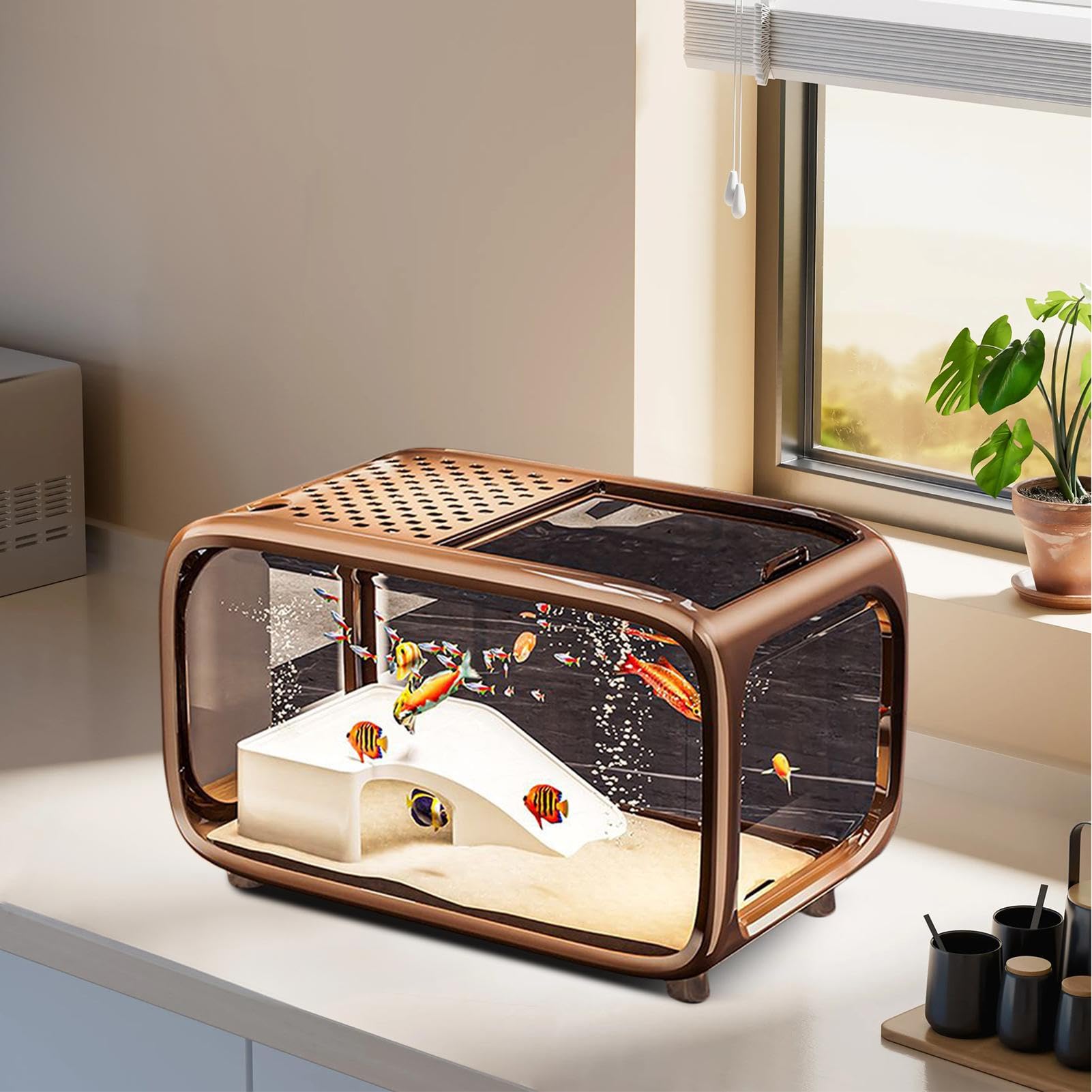 Pecera - Acuario de Paisajismo Pequeño para Betta | Recipiente De Paisaje Acrílico Transparente con Orificio para Alimentación para Animales Acuáticos como Betta
