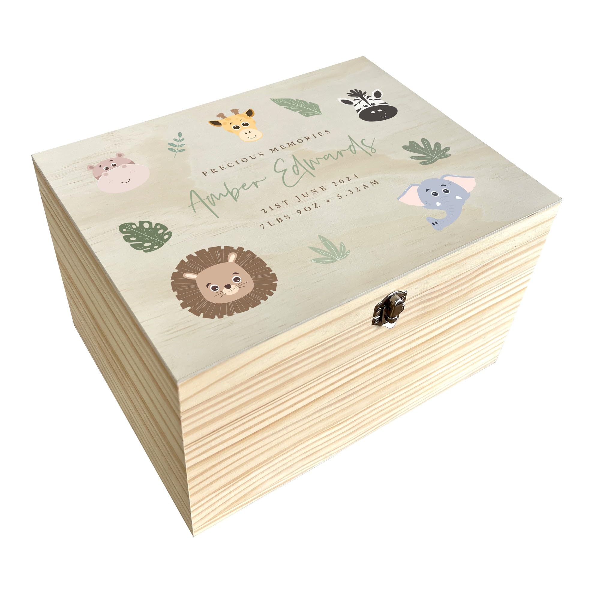 The Lovely Keepsake Company Brown Personalised Jungle Animals Baby Keepsake Box | Custom Name And Date | Pine Box With Metal Hinges & Clasp | W16 X D11 X H9cm