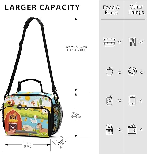 Miniatura 2 de Bolsa de almuerzo con diseño de animales de granja, cerdo, caballo, vaca, oveja, bolsa de almuerzo con aislamiento térmico con rayas reflectantes