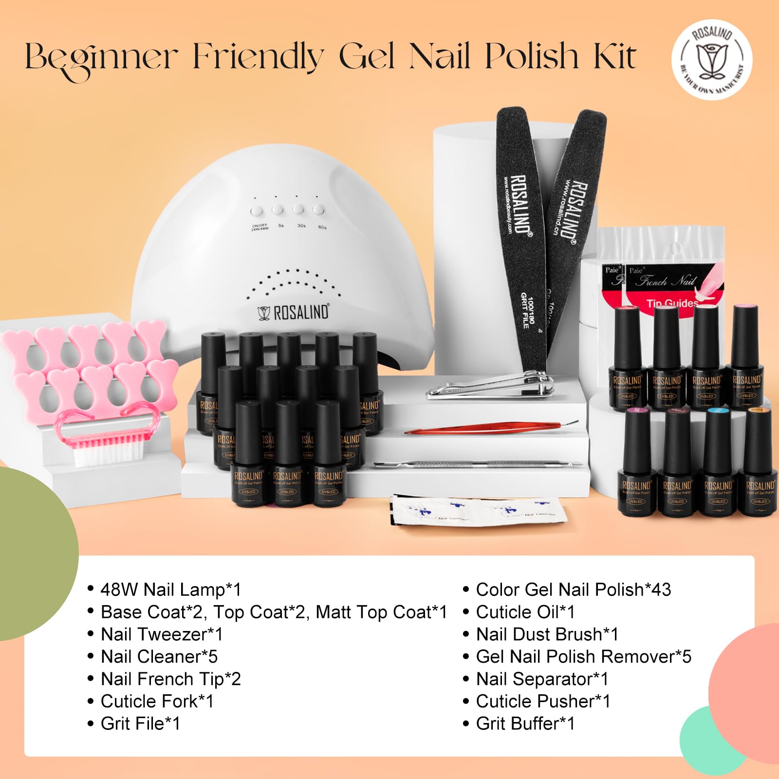 ROSALIND Kit Uñas Semipermanentes, 48W Lampara uñas semipermanentes, 43 Colores Kit Pintauñas Gel Completo UV Blanco Gris Negro Amarillo Glitter Esmaltes Permanentes Manucira