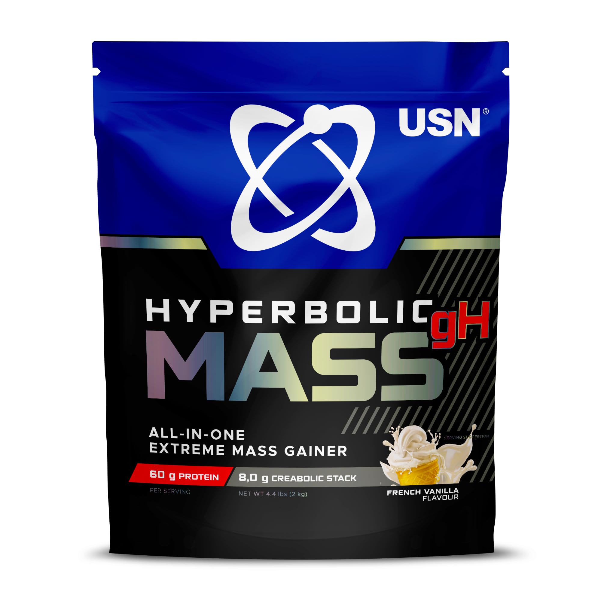 USN Hyperbolic Mass GH 4kg, High Calorie Mass Gainer Protein Powder with Added Creatine and Vitamins (2 KG, FRENCH VANILLA)