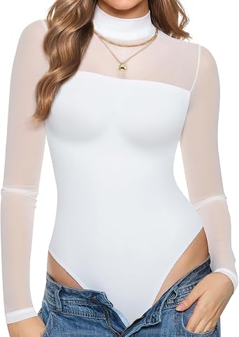 Nebility Women Long Sleeve Bodysuit Turtleneck Mesh Shapewear Body Suit