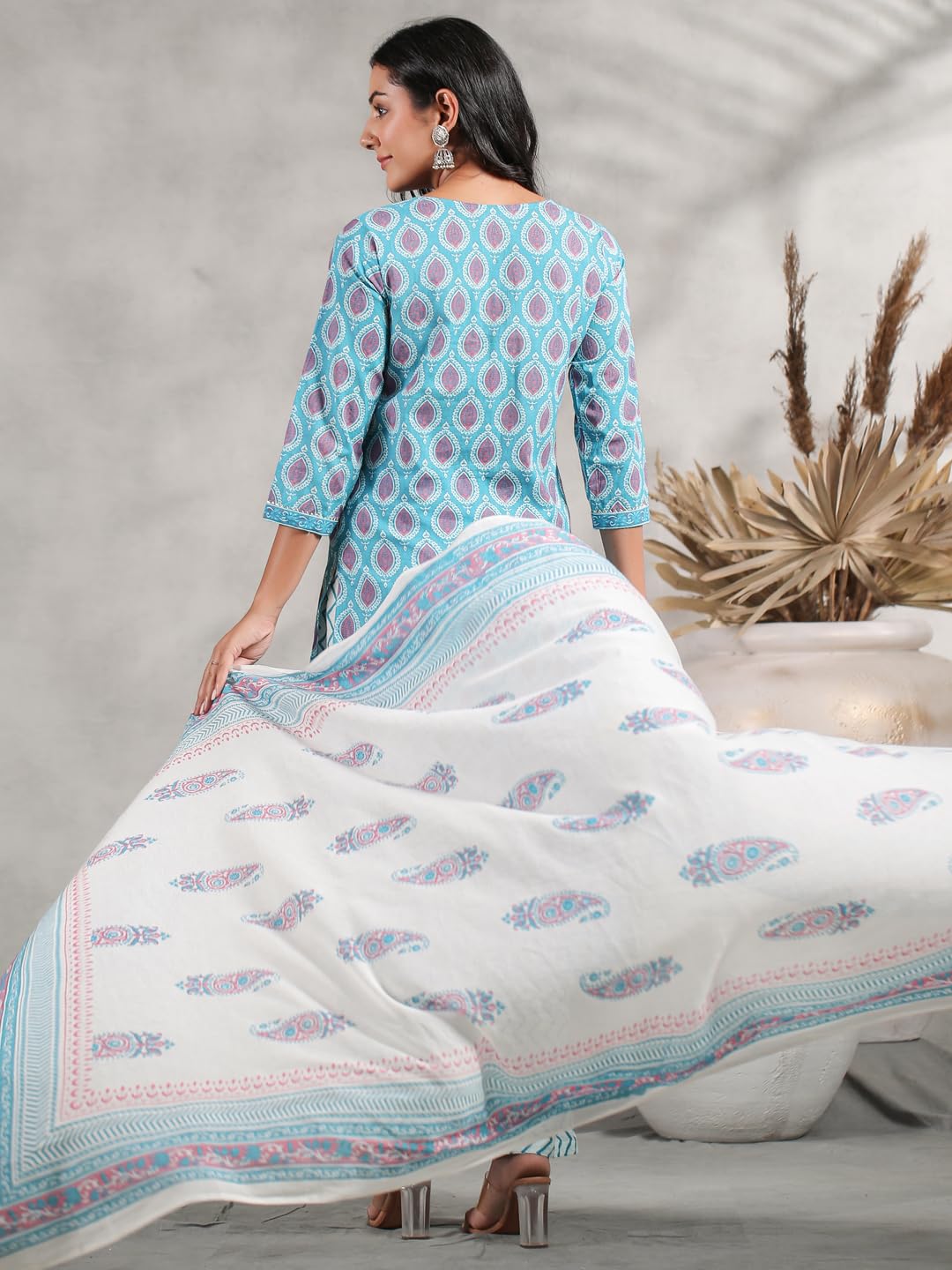 Anubhutee Women's Pure Cotton Ethnic Motifs Printed Turquoise Blue Kurta Suit Set With Trousers & Dupatta