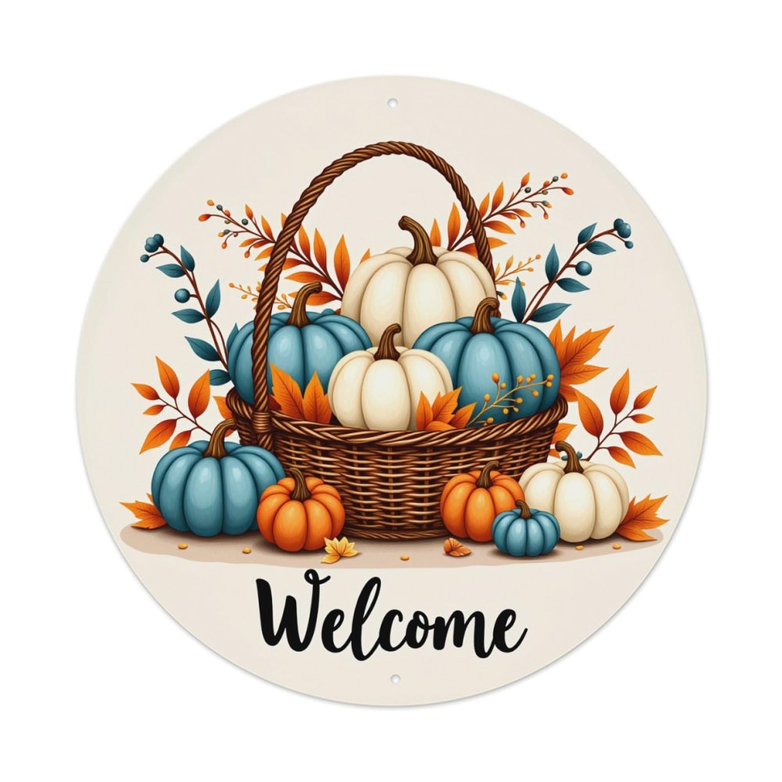 Autumn Harvest Basket Pumpkins Leaves Round Tin Sign Vintage Metal Poster, Home Bar Garage Man Cave Cafe Indoor & Outdoor Wall Decoration 8x8Inches