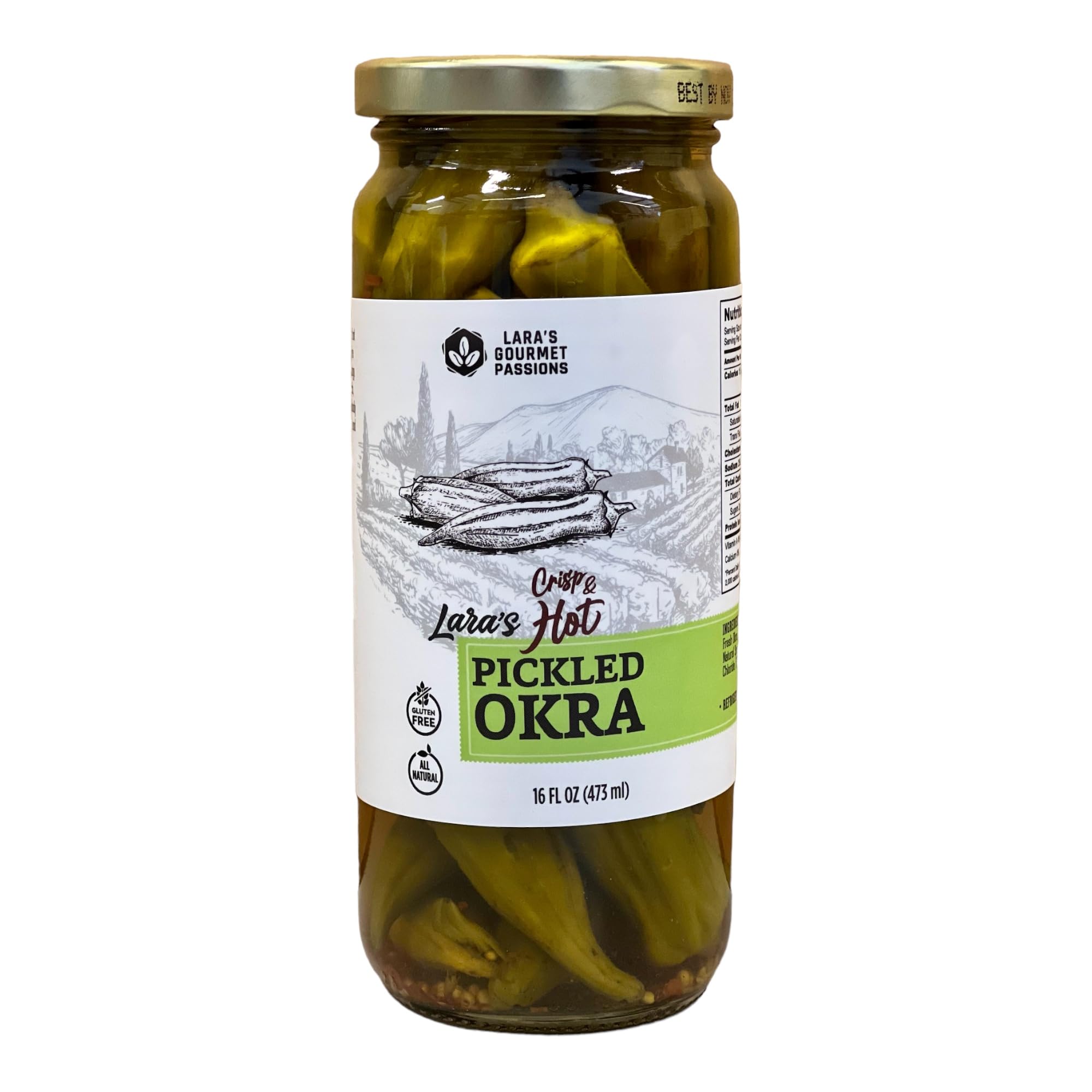Lara's Crisp and Hot Pickled Okra – (Pack of 1, 16 fl oz) – Zesty Southern Style Spicy Okra, Ideal for Charcuterie Boards, Gourmet Snacks, and Cocktails – Gluten-Free, All-Natural, Vegan-Friendly