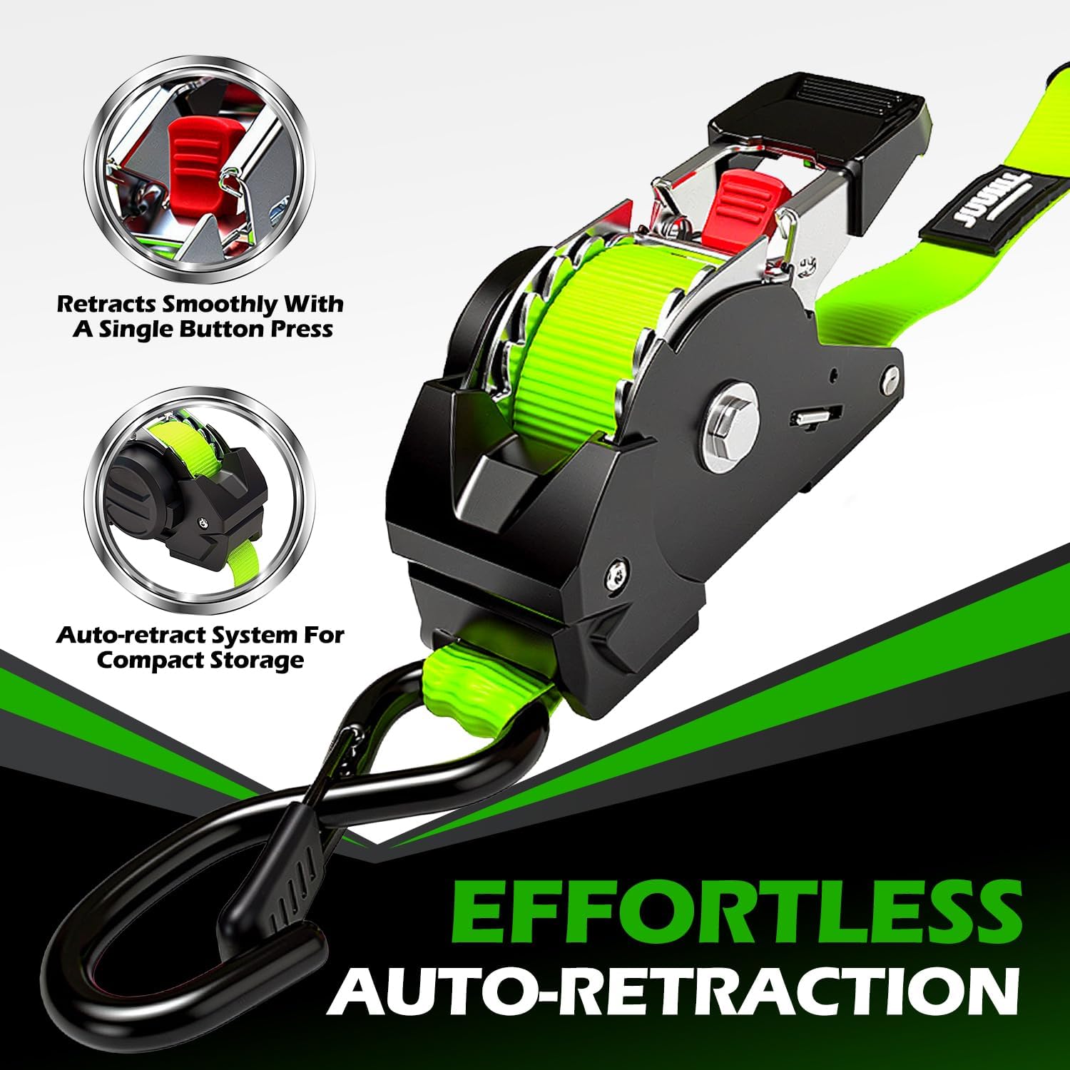 Retractable Ratchet Straps (4-Pack), 1” x 10ft Auto Retracting Tie Down Straps with 1,650lb Break Strength for Motorcycle, Kayak, ATV, Truck Bed & Outdoor Transport Green