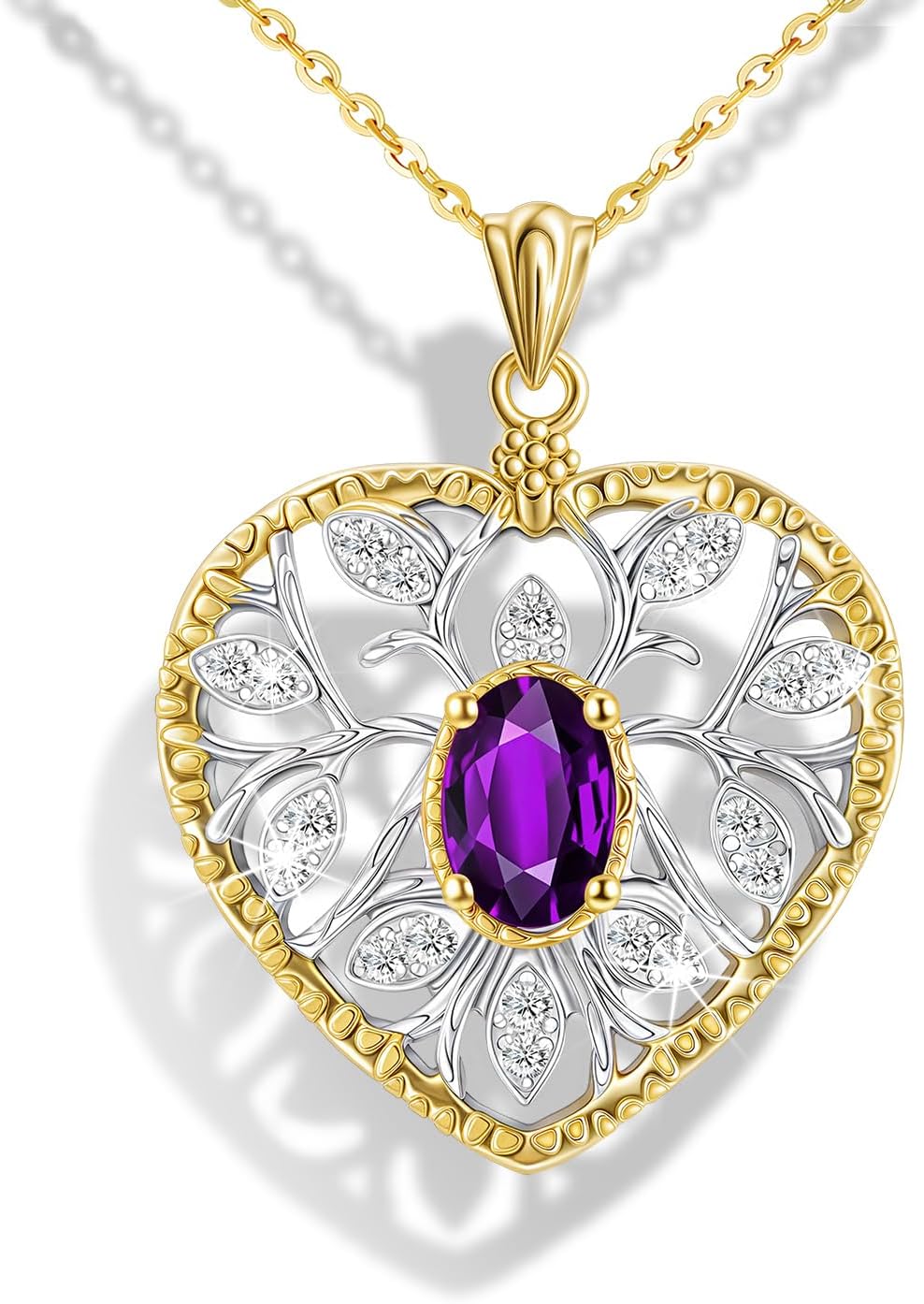 Raneecoco Natural Gemstone Necklace for Women 18K Gold Plated Sterling Silver Two-Tone Tree of Life & Love Heart Pendant Jewelry | Dainty Birthstone Gift For Her Mother Wife