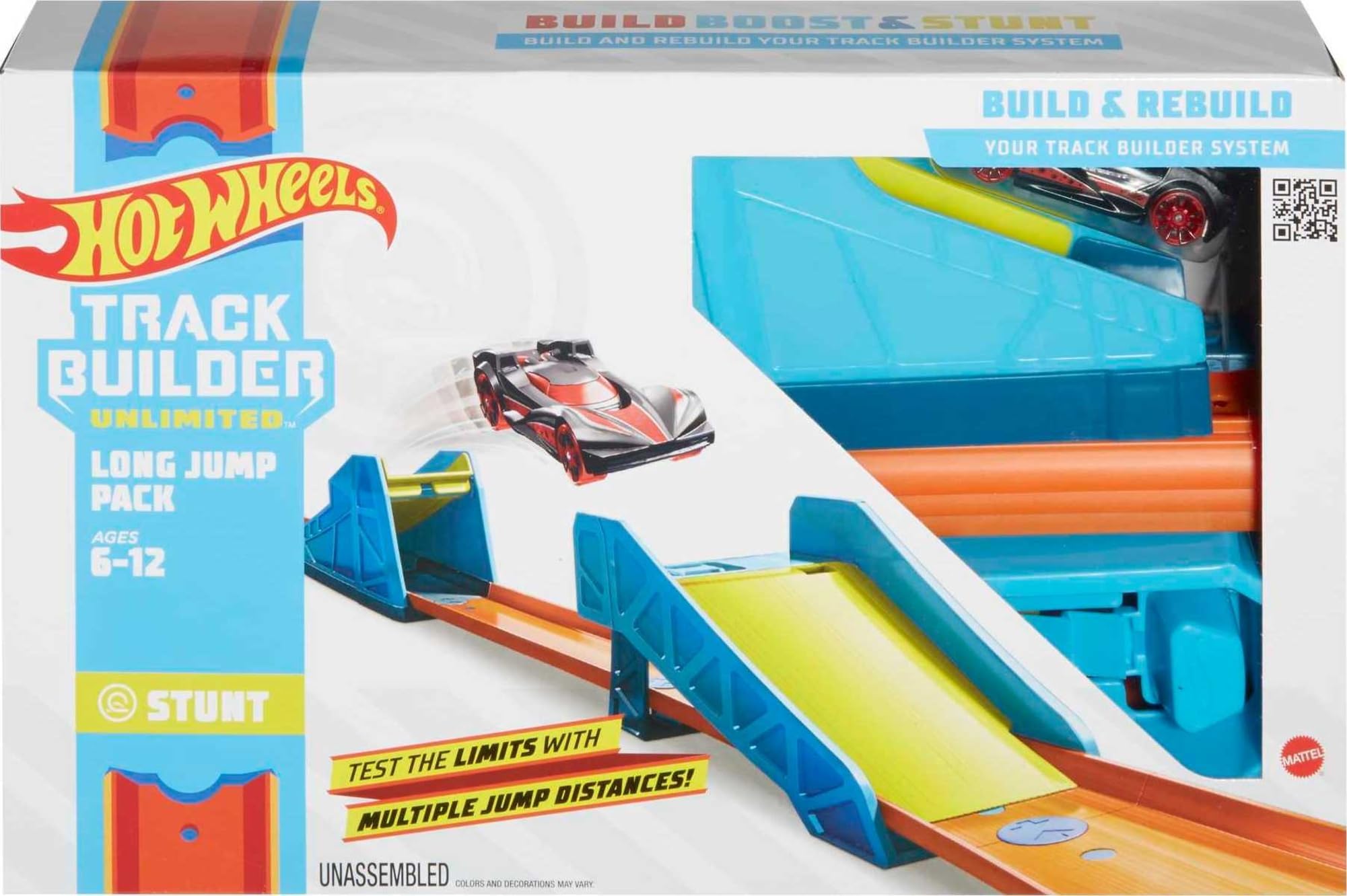 Toy Car Track Set, Track Builder Unlimited Long Jump Pack, Playset with 13 Component Parts & 1:64 Scale Vehicle