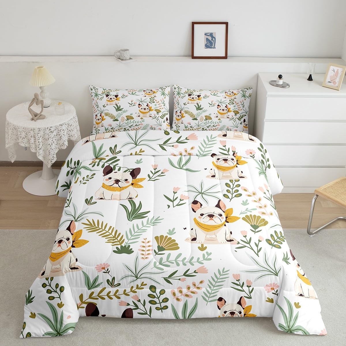 Cartoon Dog Comforter Set King Size,Kawaii French Bulldog Family Puppy Pet Bedding Set All Season Quilt Set,Cute Animal Boho Floral Plant White Microfiber Polyester Down Comforter