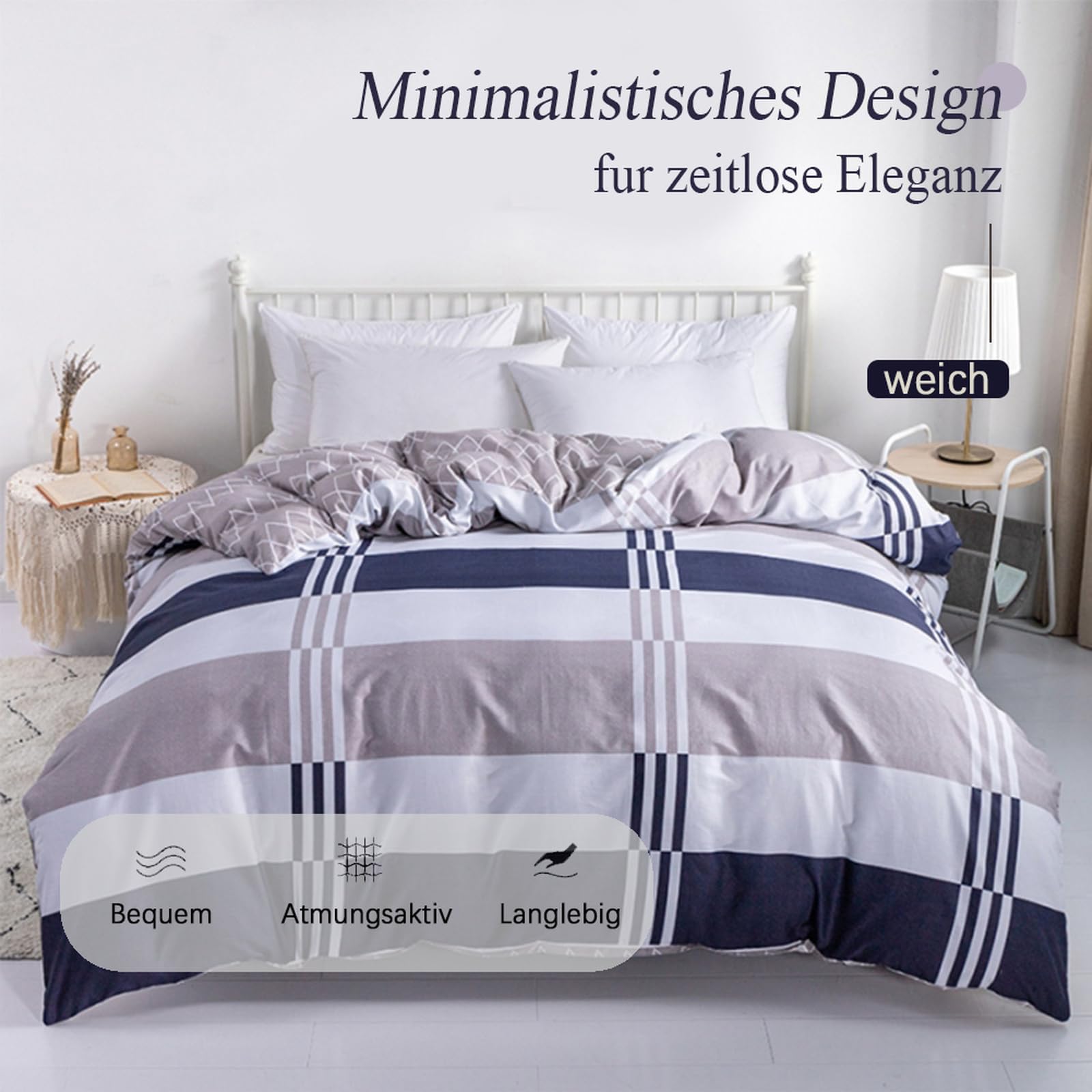 Baumwolle Bettwäsche 160 x 210 cm Bügelfrei knitterfrei Hellblau Grau Wendebettwäsche Bettbezug mit Reißverschluss Einzelbett Bettwäsche Weich Bequem und Atmungsaktiv