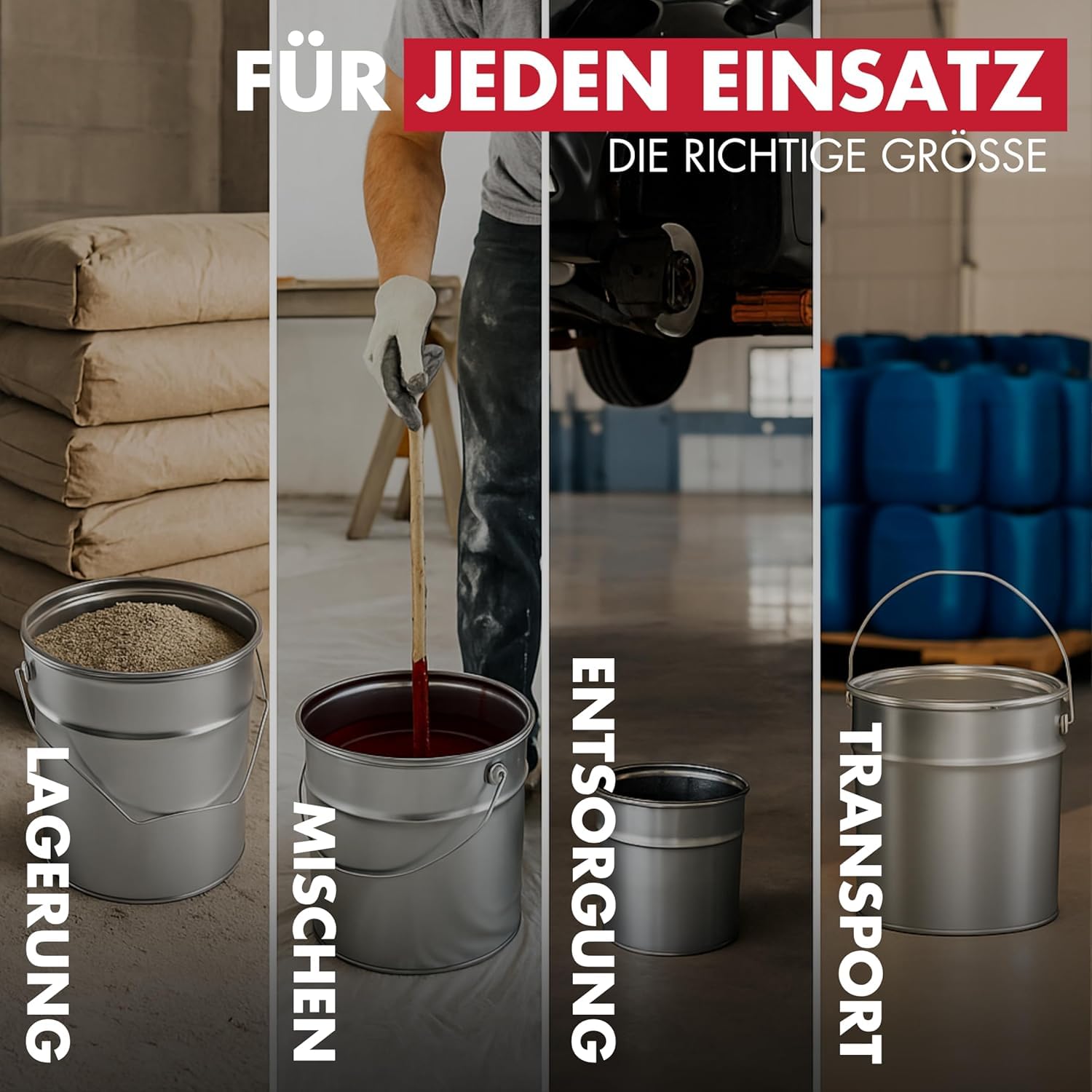 UN-zugelassener Metalleimer 10 L I Weißblech, Gefahrgutgeeignet & Stabil I Mit Deckel, Spannring & Griff I Konische Form I Ideal für Farben, Öle, Harze, Chemikalien, Müll, Lagerung UVM.