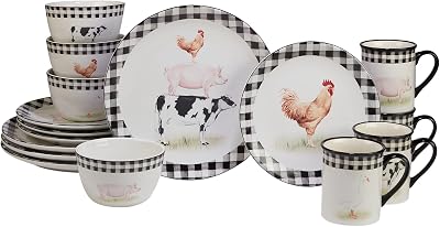 On the Farm 16-Piece Dinnerware Set – Country Farmhouse Plates, Bowls & Mugs for 4 – Ceramic Dinnerware Featuring Cow, Pig, Rooster, Duck & Gingham Design – Rustic Kitchen Tableware