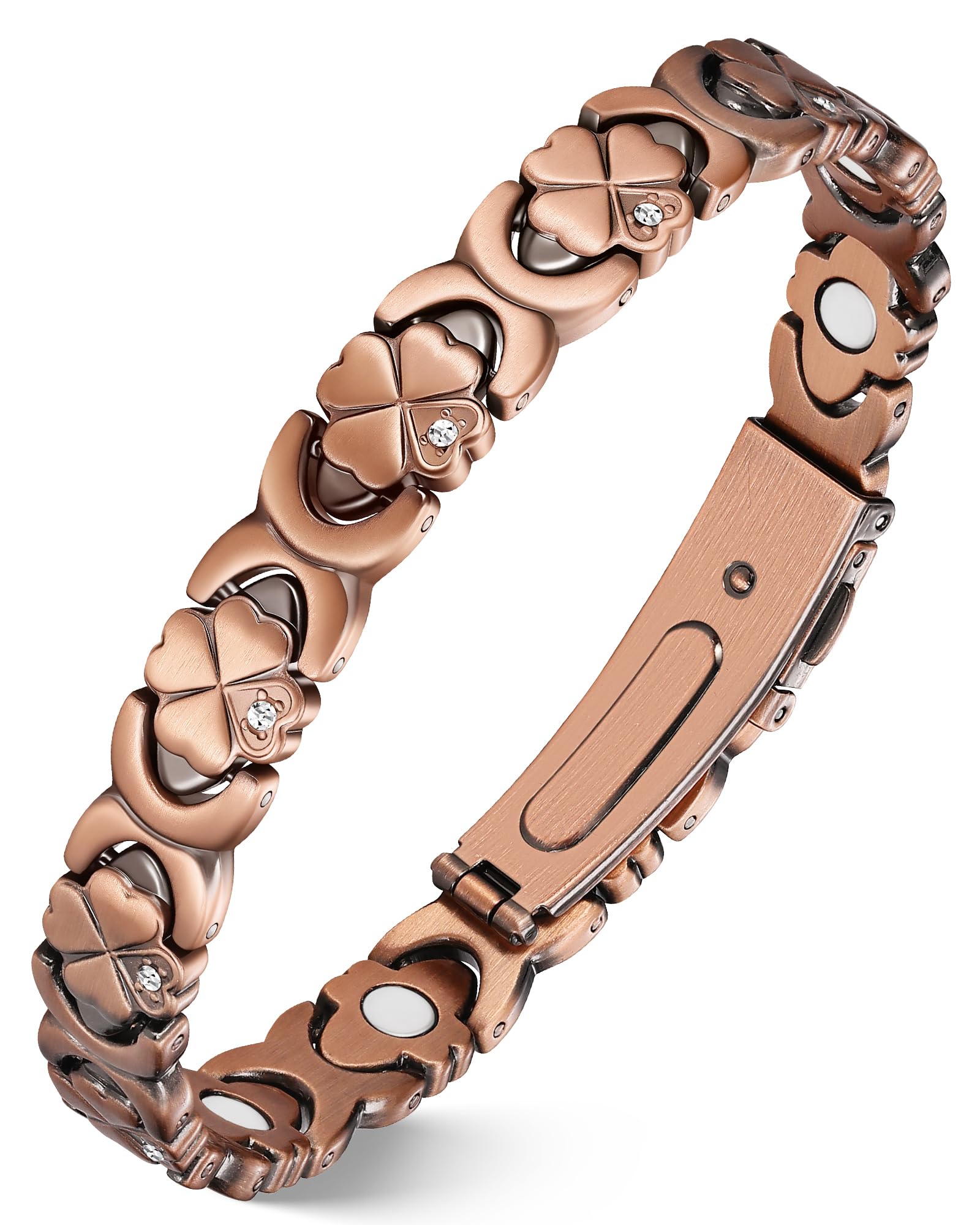 Jeracol Bracelet en cuivre pur pour femme, bracelet magnétique ultra résistant avec aimants en néodyme et oxyde de zirconium étincelant, réglable, bijou trèfle porte-bonheur