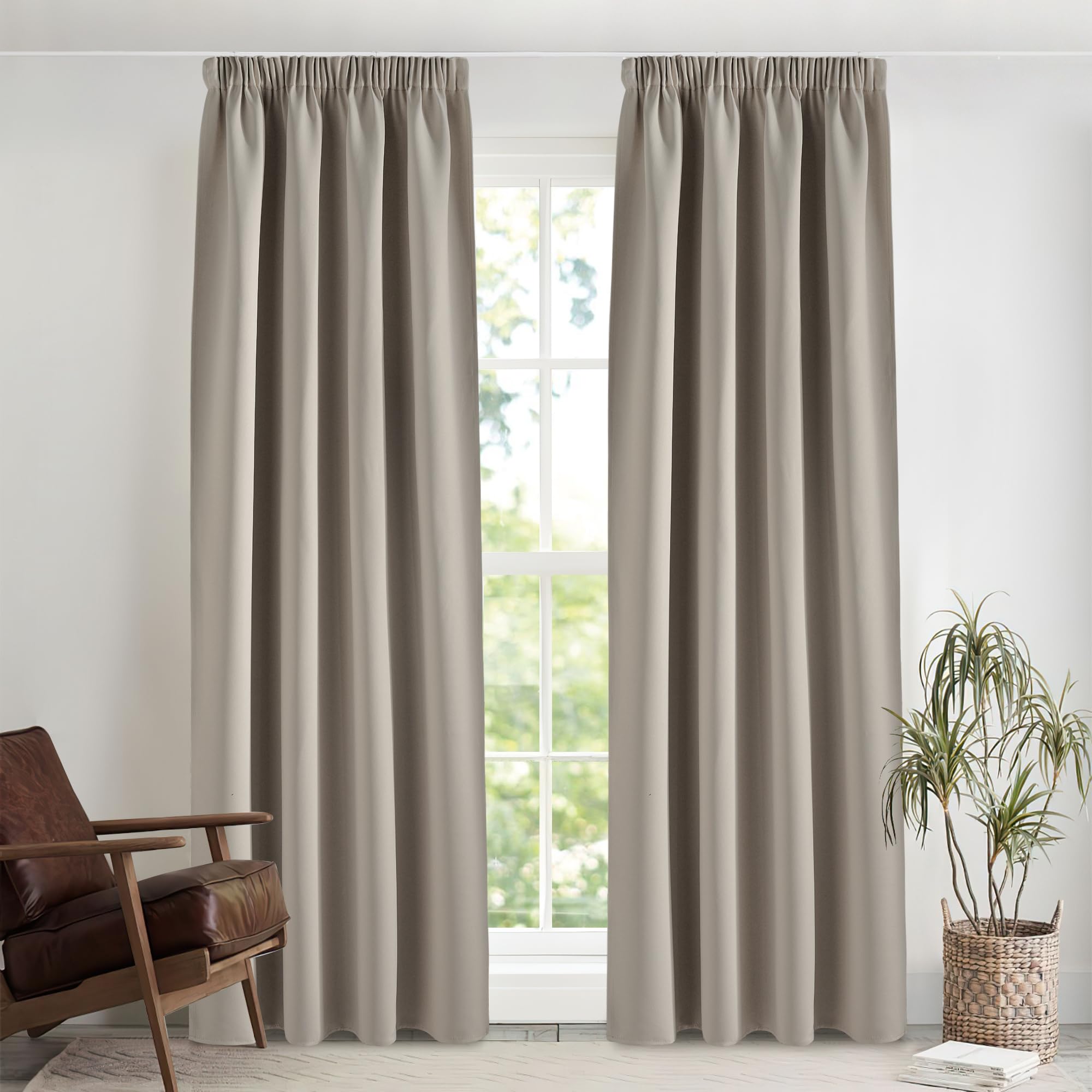 PONY DANCE Extra Lange Gardinen und Vorhänge Blickdicht Kräuselband 2er Set H 260 x B 140 cm Sandfarben, Verdunkelungsvorhang für Schienensystem Thermogardine gegen Hitze