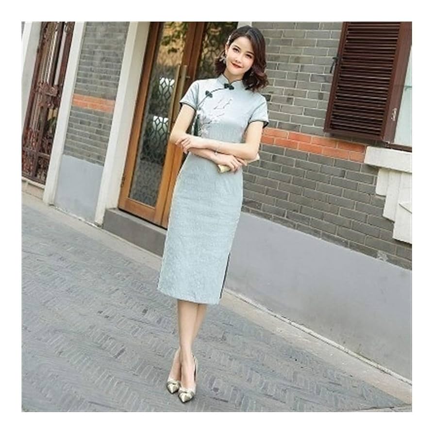 XYBB Linen Cotton Qipao Chinese Traditional Dress Blue