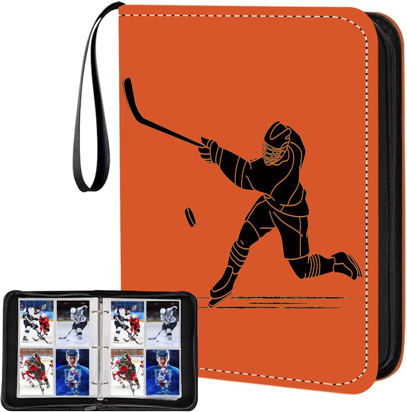 Hockey Card Binder 400 Pockets,4 Pocket Hockey Trading Card Binder with 50 Removable Double-Sided Sleeves,3 Ring Zipper Waterproof PU Collection Album for Sports Cards Collection