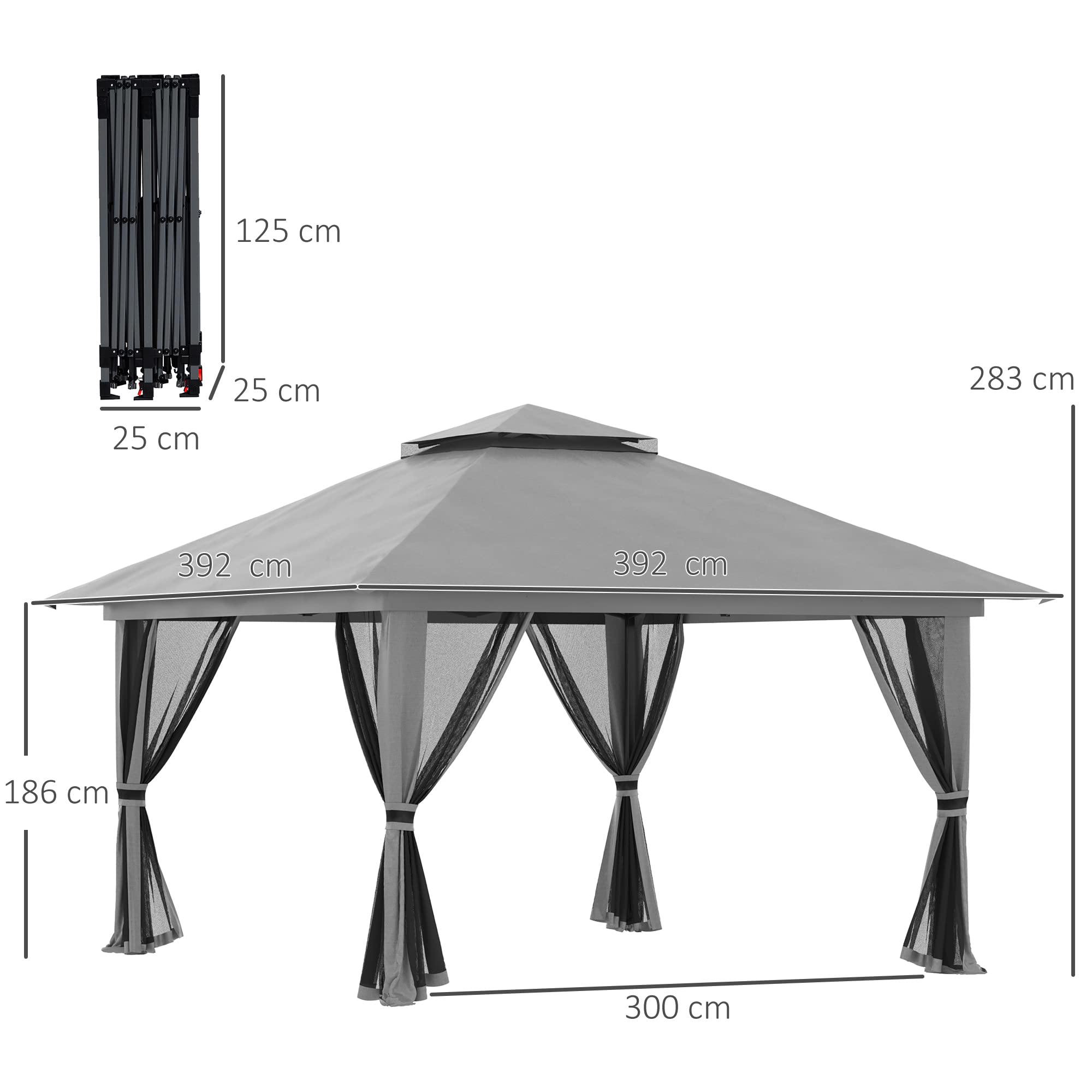 Outsunny Pavillon 4x4m Stabil Winterfest Pop-up Gartenpavillon mit Doppeldach, UV Schutz 50+ Partyzelt Gartenzelt mit 4 Seitenteilen Tasche Sandsäcke für Camping Garten Festival, Dunkelgrau