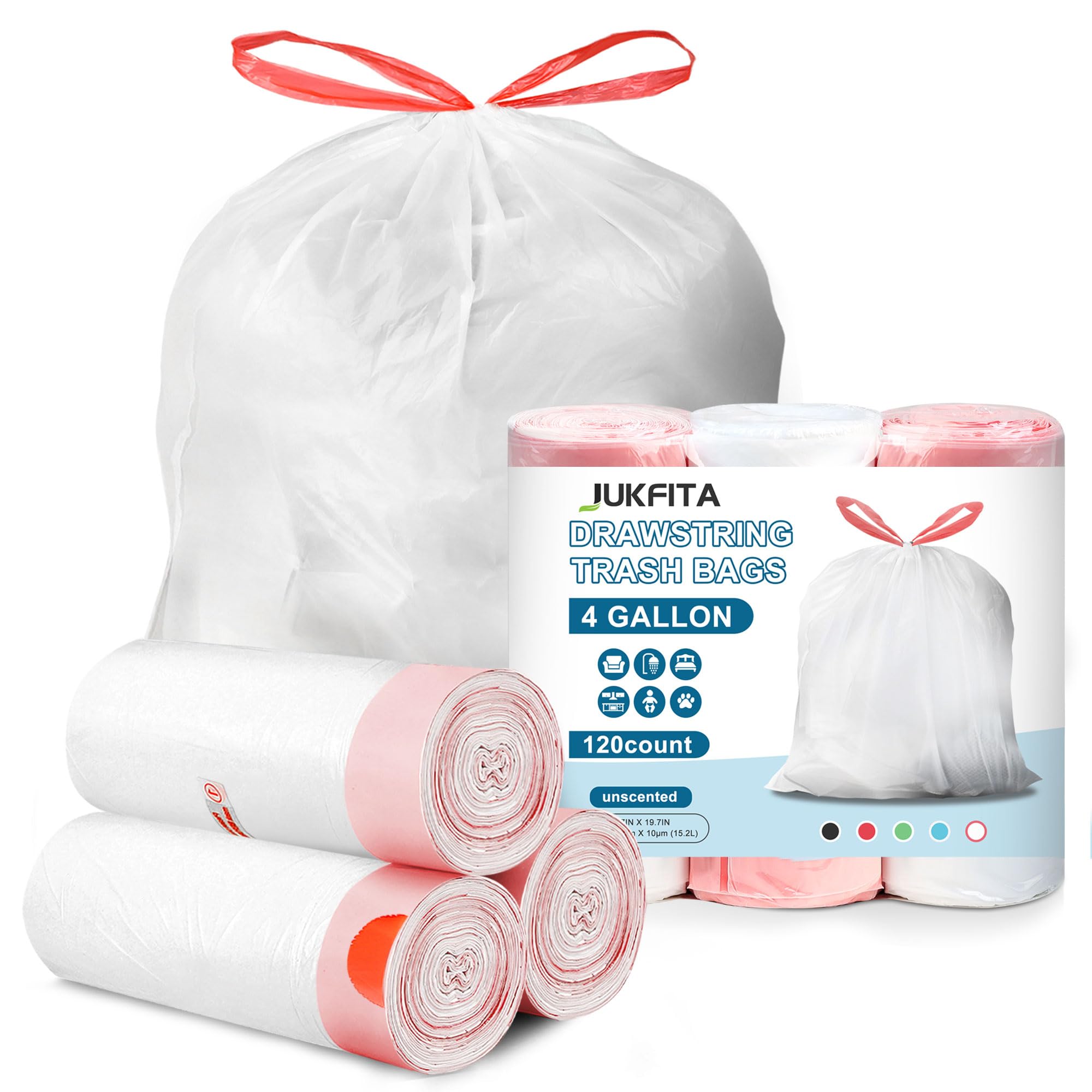 Small Garbage Bags 120 Count, JUKFITA Extra Strong 4 Gallon Trash Bags Drawstring, Unscented Trash Can Liners fit Bathroom Office Cat Litter, White