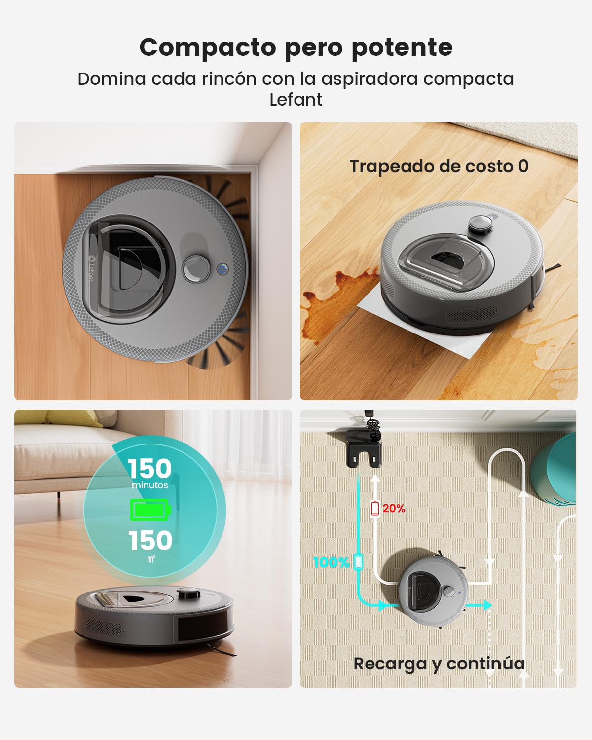 Lefant M330 Robot Aspirador y Fregasuelos con Mapeo 3 en 1 | 150min, 5000 Pa, Navegación dToF, Evitación de Obstáculos PSD 190°, Ideal para Pelo de Mascotas y Alfombras, Gris