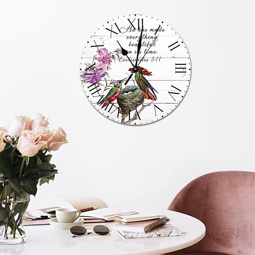 Miniatura 70 de ArogGeld He Made Everything Beautiful - Reloj de pared de PVC con flores rosadas, colibrí, reloj de pared grande con cita y números romanos, reloj