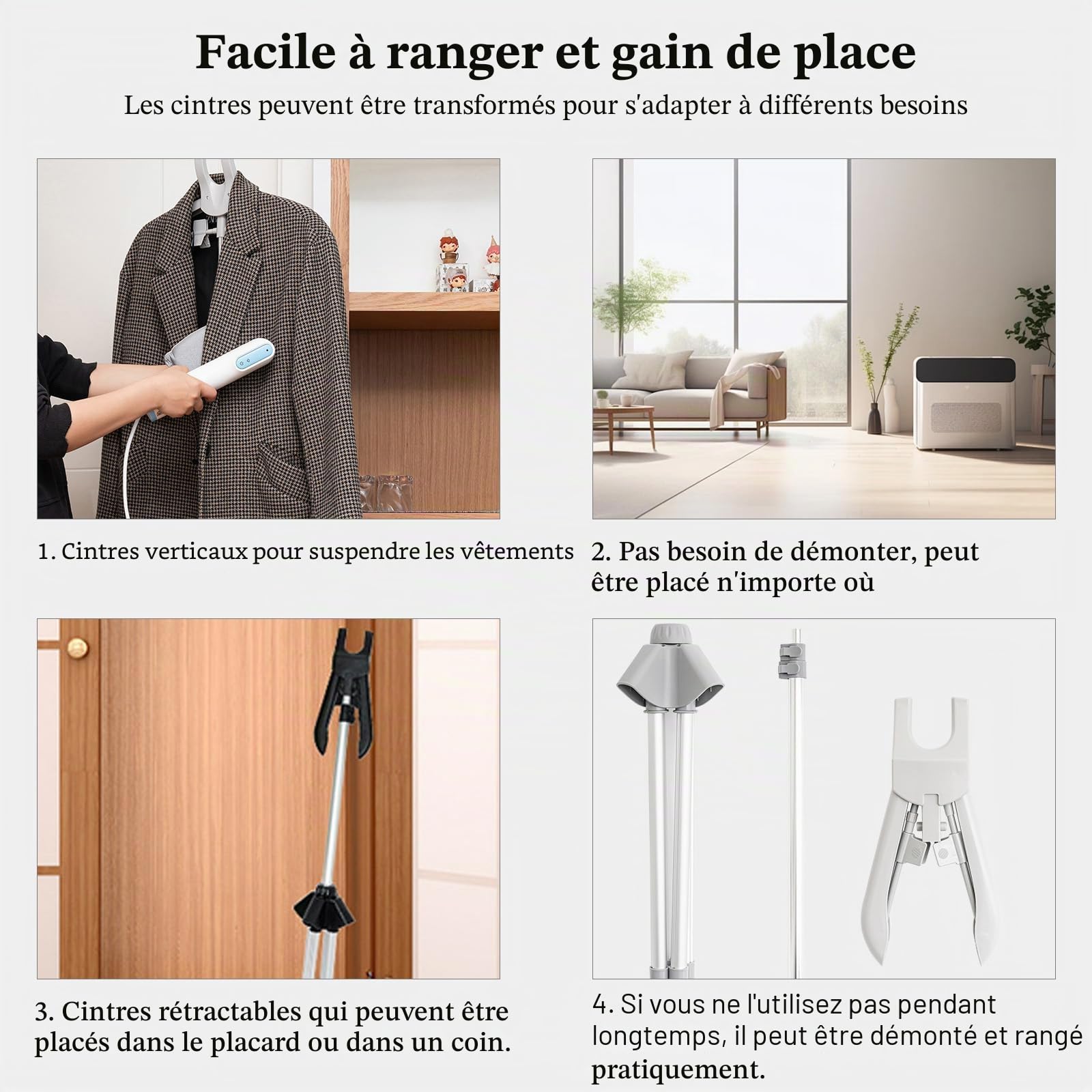 vapeur portable défroisseur à vapeur avec gant et trépied télescopique, cintre inclus (gris clair)