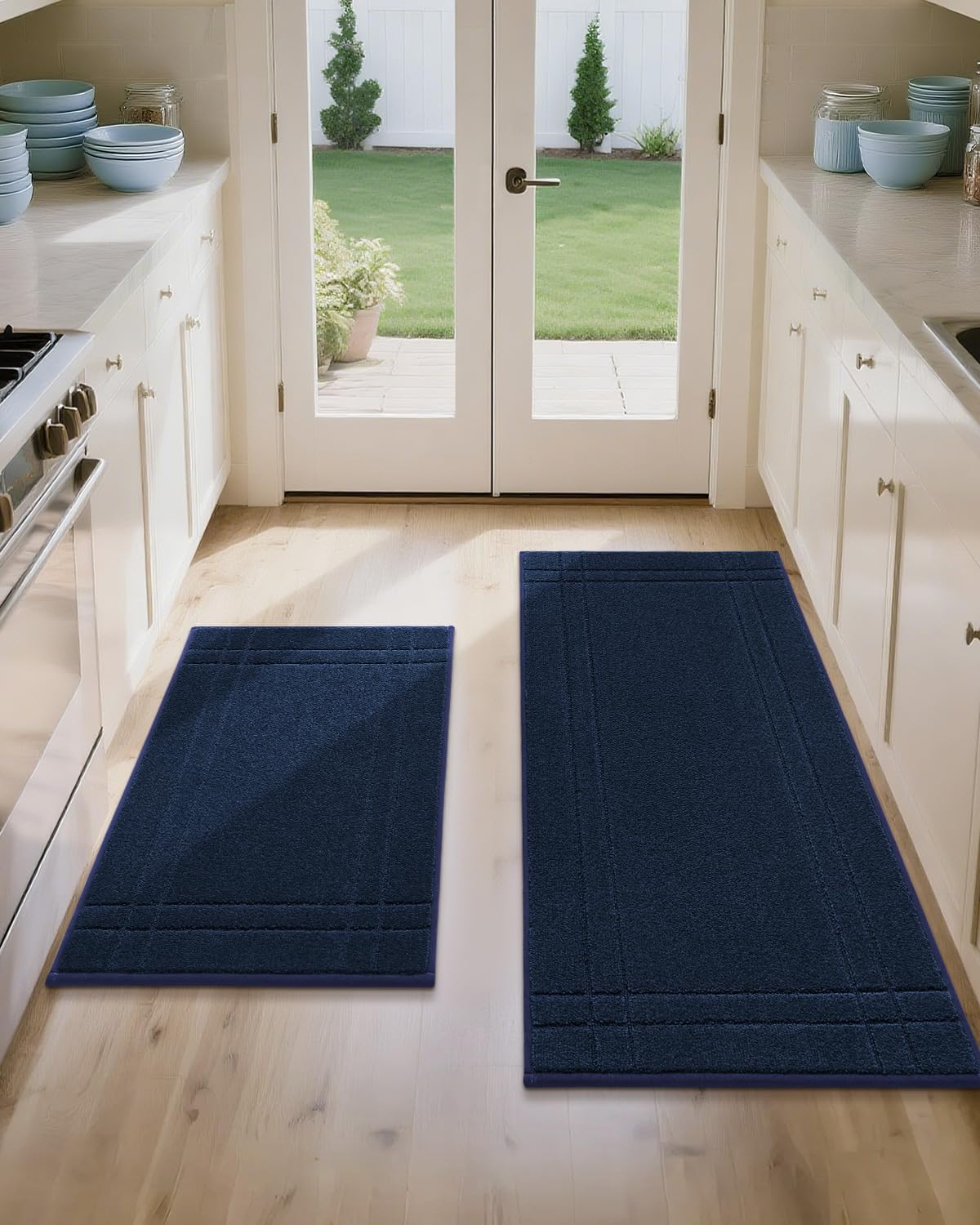 JSEI Kitchen Mats for Floor, Non-Slip Kitchen Rugs, Soft Washable Absorbent Kitchen Mats 2 PCS, Kitchen Runner Rug with TPR Backing, Polyester, 20"x32"+20"x48", Navy Blue