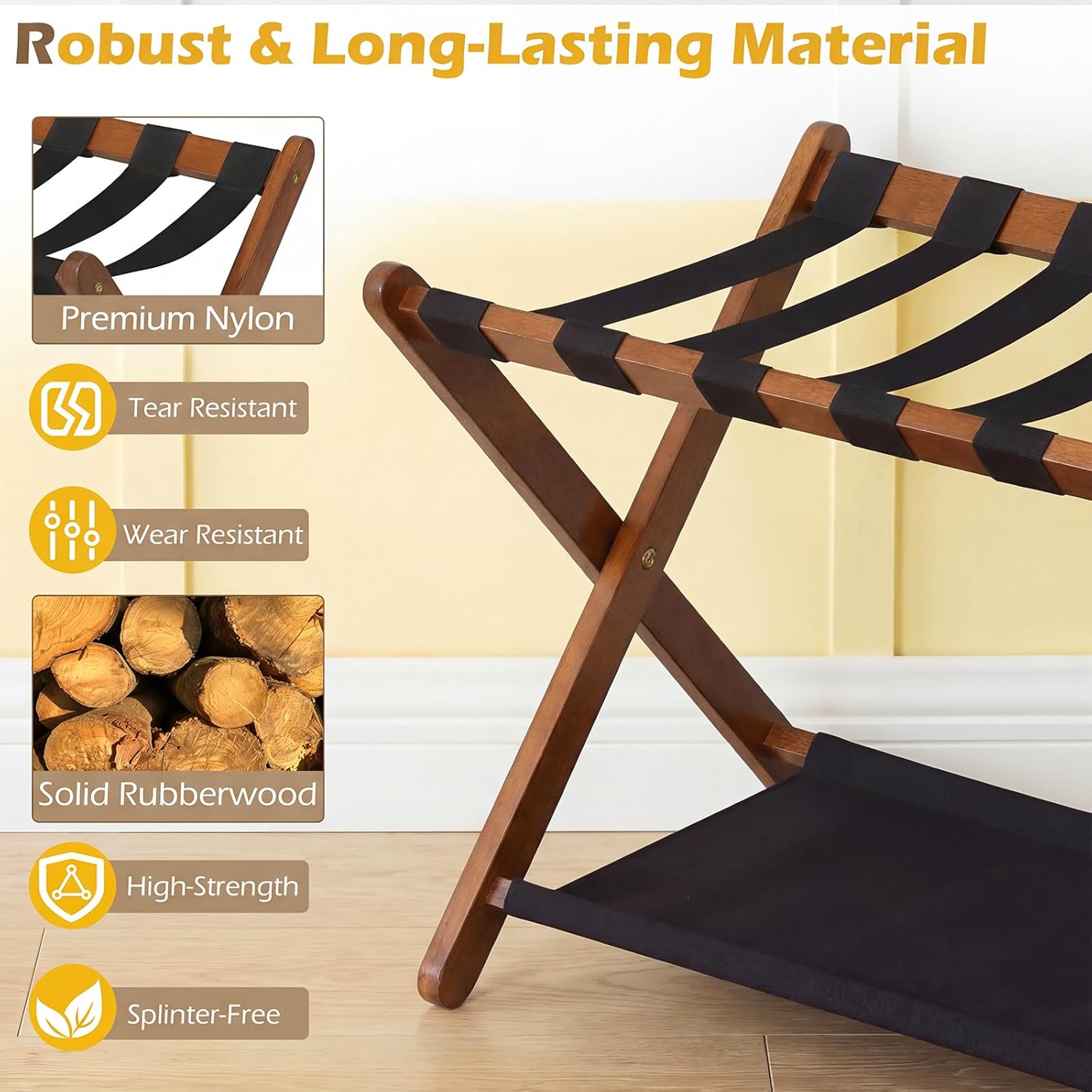 Giantex Folding Luggage Rack, Solid Rubber Wood Suitcase Stand with Storage Shelves, No Assembly, Portable Compact Luggage Holder for Bedroom, Guest Room, Hotel, Holds up to 132 lbs, Walnut